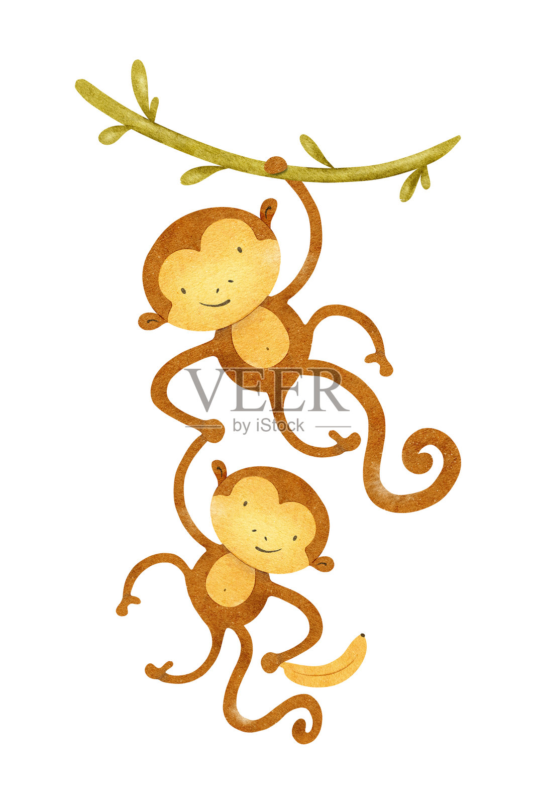 猴子在藤蔓上荡秋千。丛林猿、吃香蕉的狨猴在藤上。孤立的手绘水彩插图，描绘非洲动物。儿童野生动物探险。猕猴适合用于婴儿洗礼卡片和儿童用品设计。插画图片素材