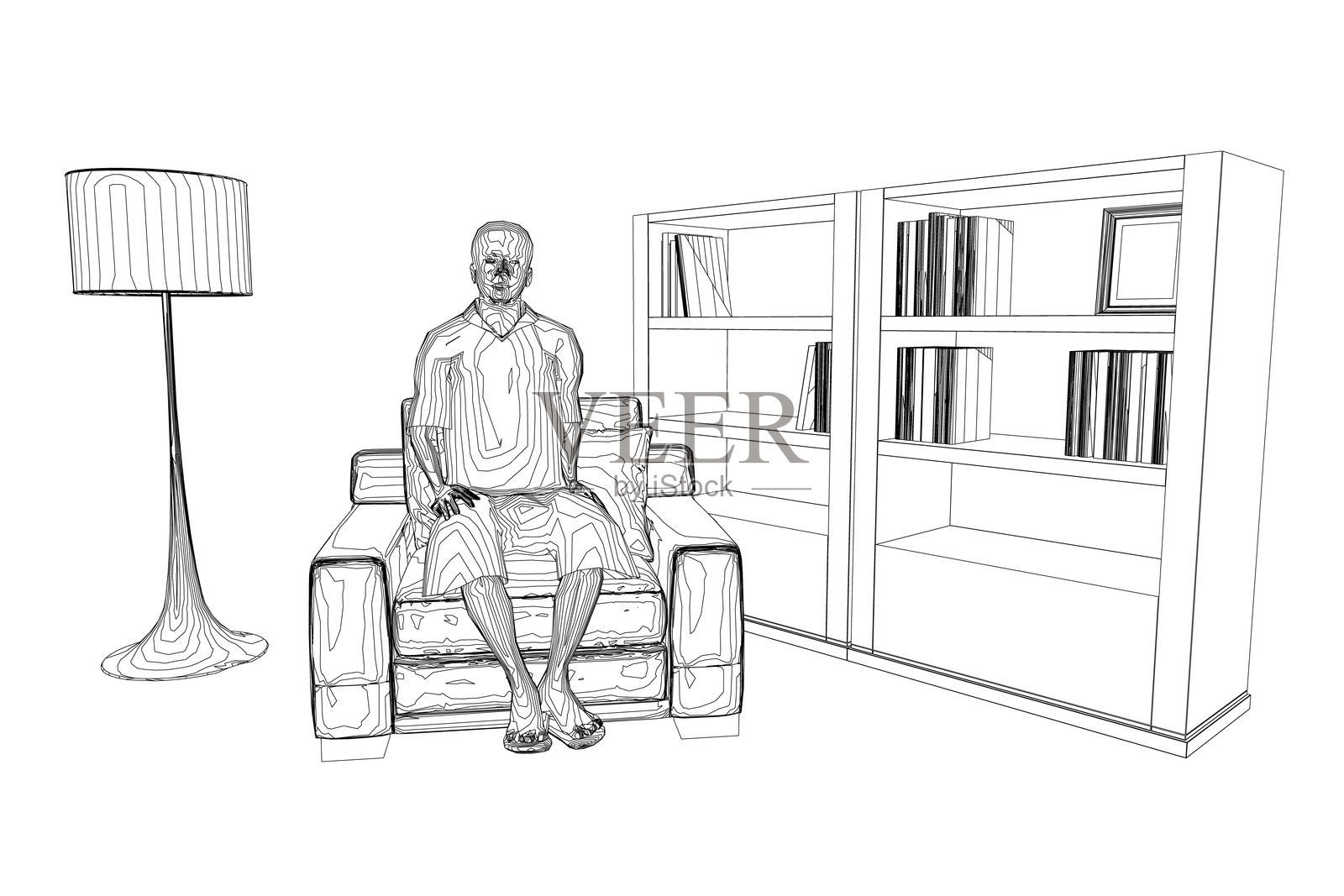 坐在书柜旁的短裤男子轮廓线稿插画图片素材