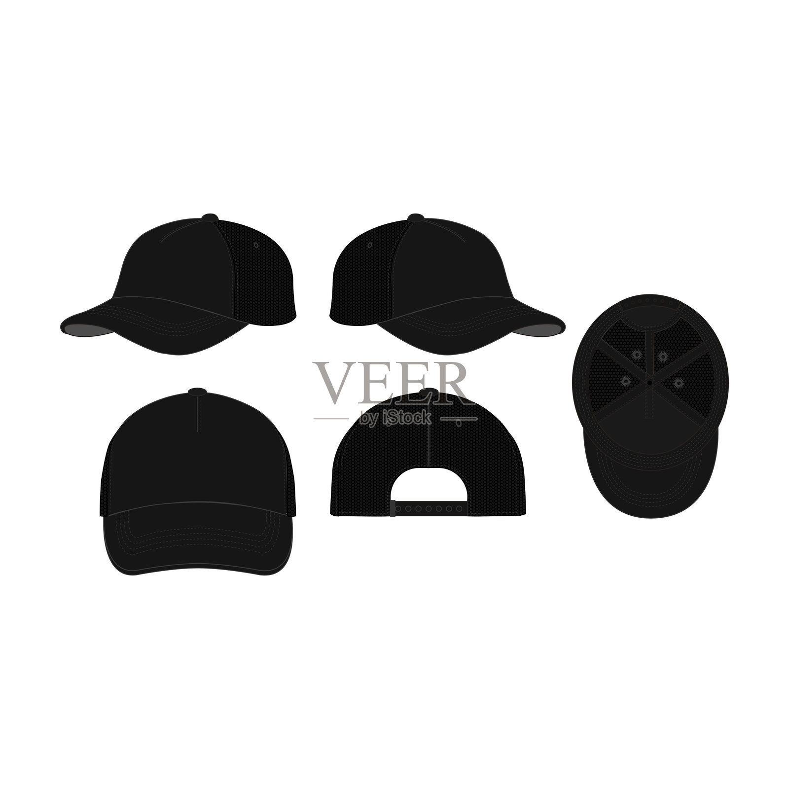 逼真的五片式卡车司机帽模型，黑色棒球帽多角度头部设计插图插画图片素材
