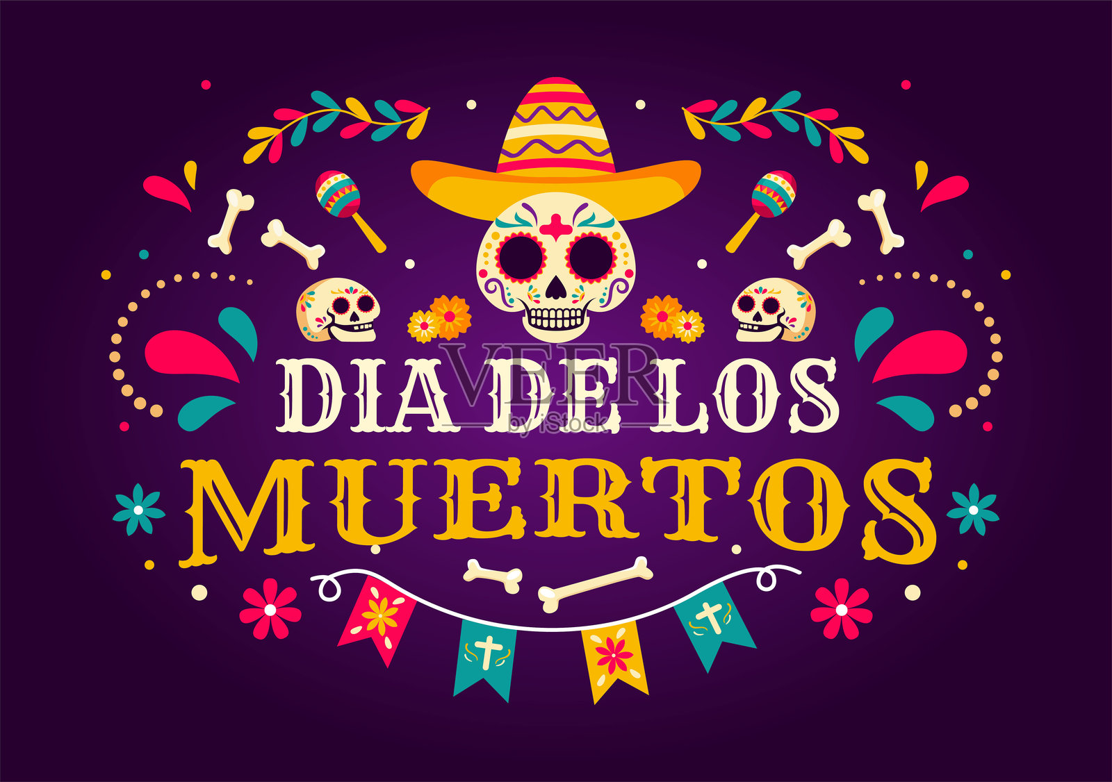 亡灵节：骷髅演奏音乐和墨西哥传统服饰插画图片素材