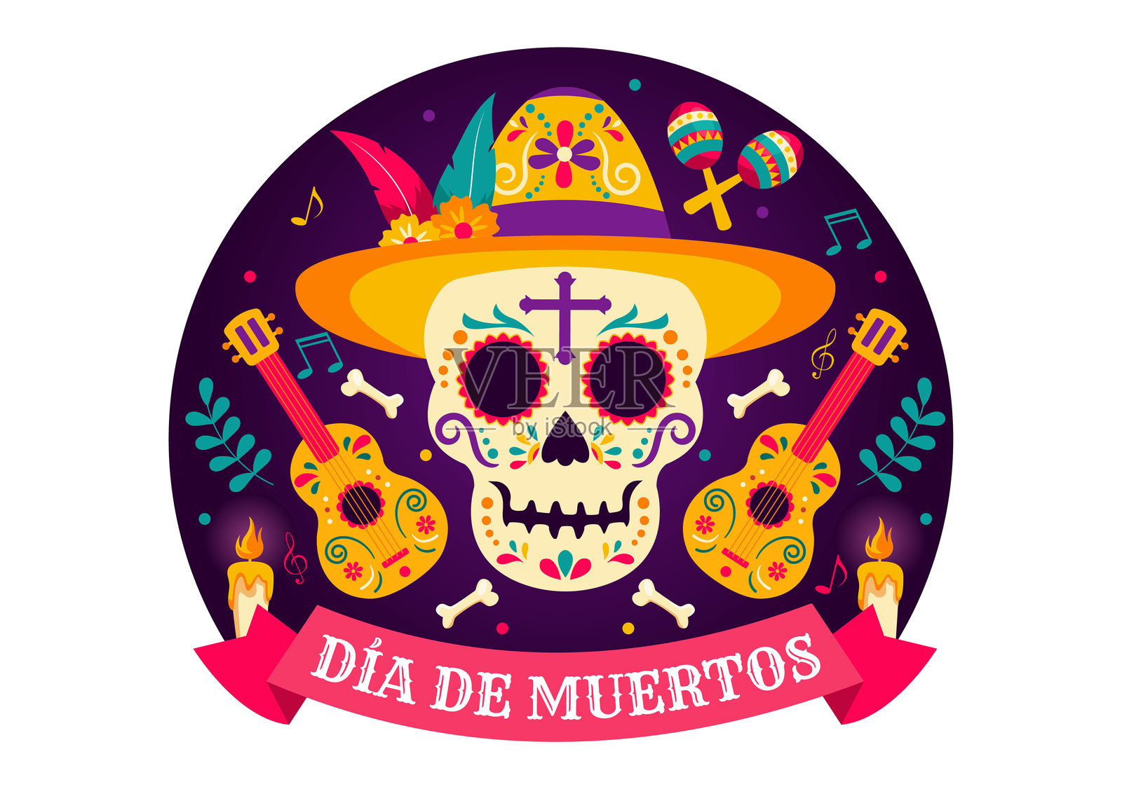 亡灵节：骷髅演奏音乐和墨西哥传统服饰插画图片素材