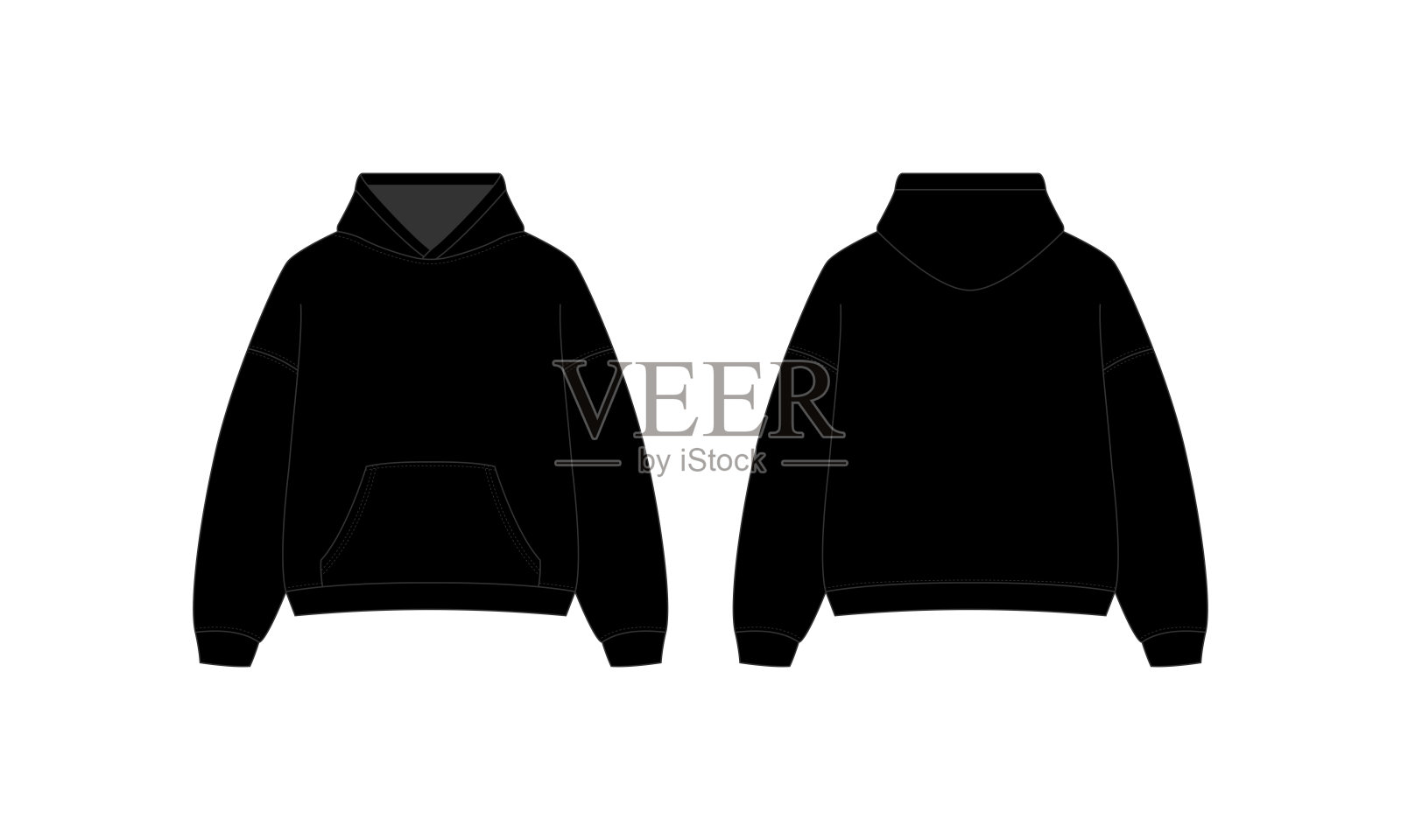 空白黑色连帽衫样机模板 - 用于设计的带帽运动衫裁剪路径插画图片素材