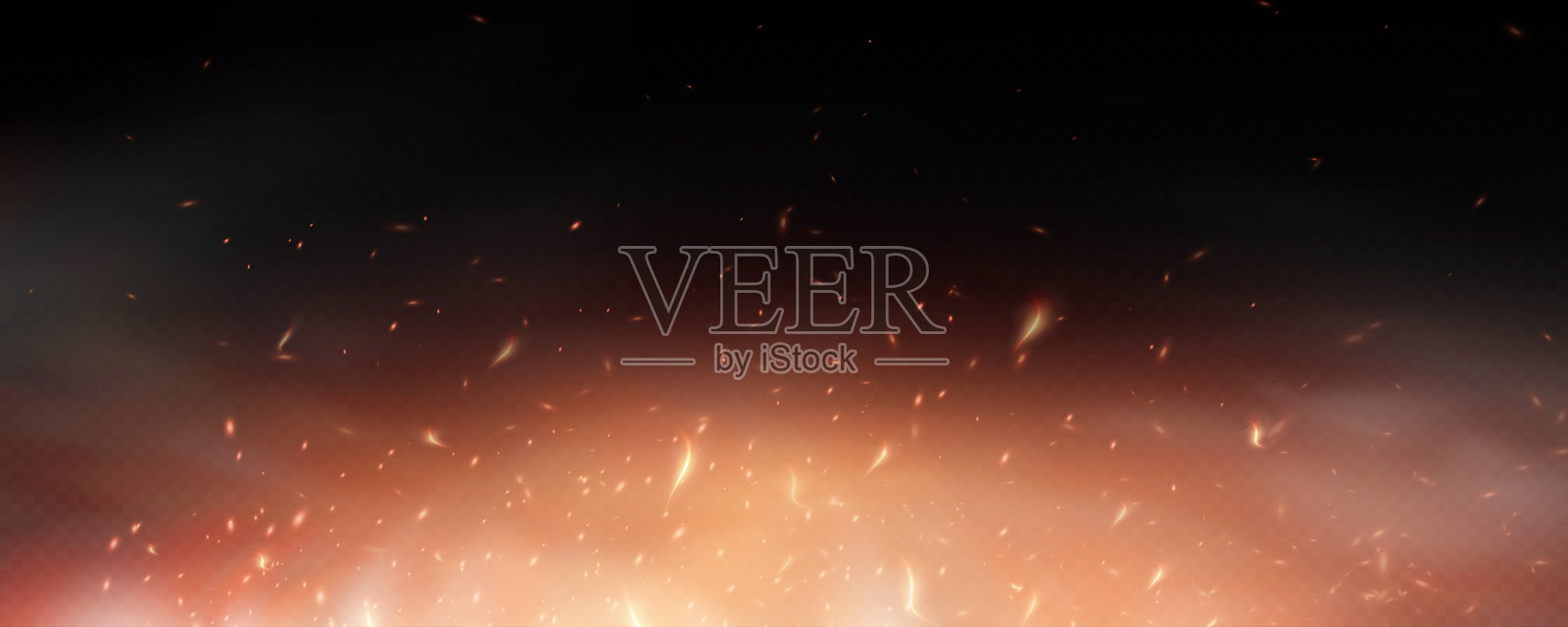 燃烧的热火花效果，伴随着燃烧的灰烬和发光的颗粒。火焰烟雾在黑色透明背景中飞舞，火花四溅。火焰。插画图片素材