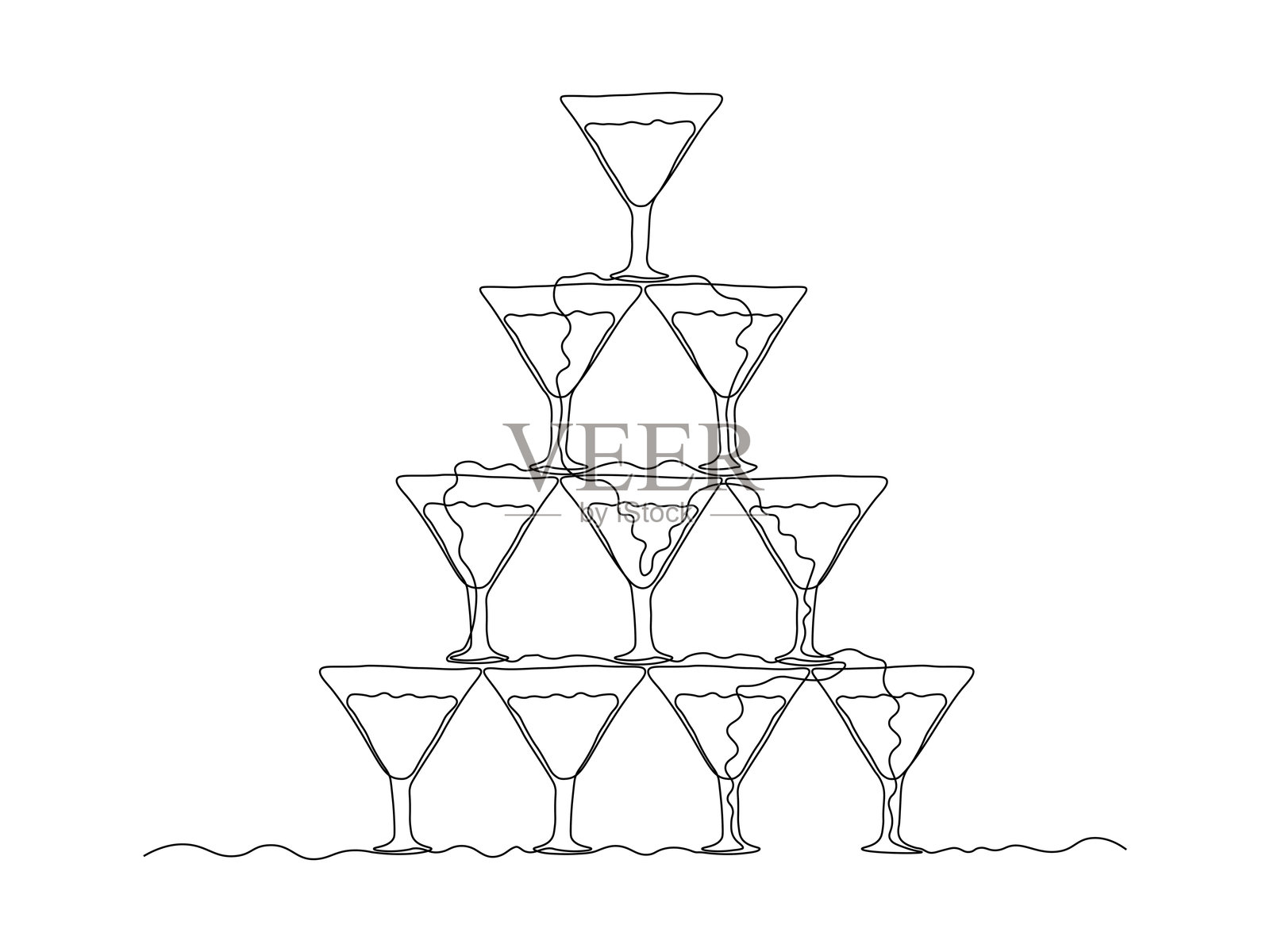 香槟滑道、香槟喷泉、香槟金字塔、马提尼瀑布、酒精、鸡尾酒。连续一笔画手绘草图，标志。插画图片素材