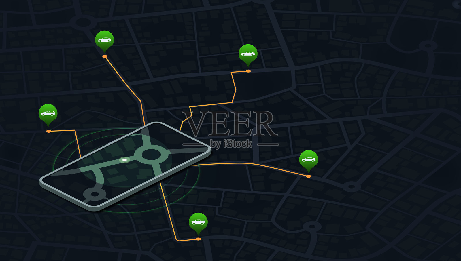 智能手机应用中的互联网出租车服务。通过手机应用在线叫车，靠近您的位置。城市地图和出租车。矢量插图插画图片素材