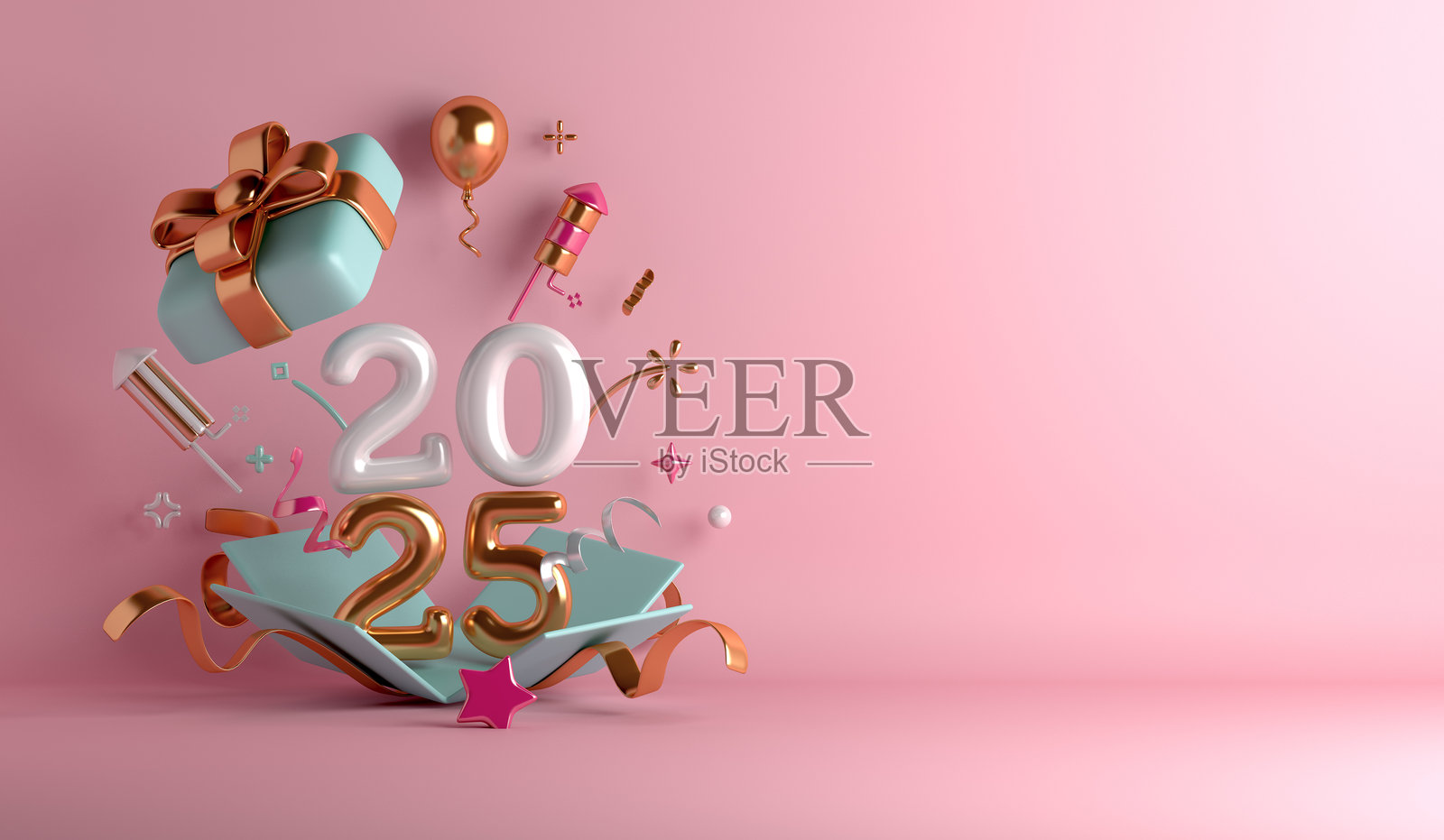 2025年新年快乐装饰背景，打开的礼物盒，气球数字，烟花火箭，留白文本，3D渲染插图照片摄影图片