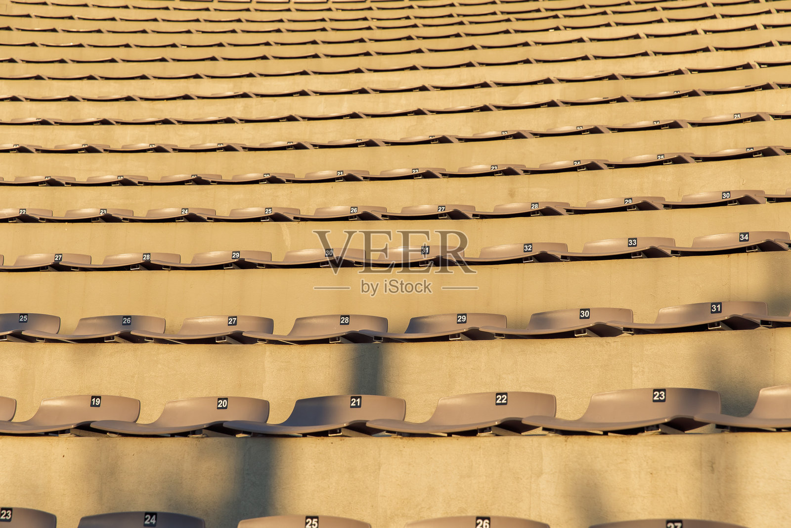 空旷的体育场座位，编号排椅，体育场馆，阳光下的座位概念照片摄影图片