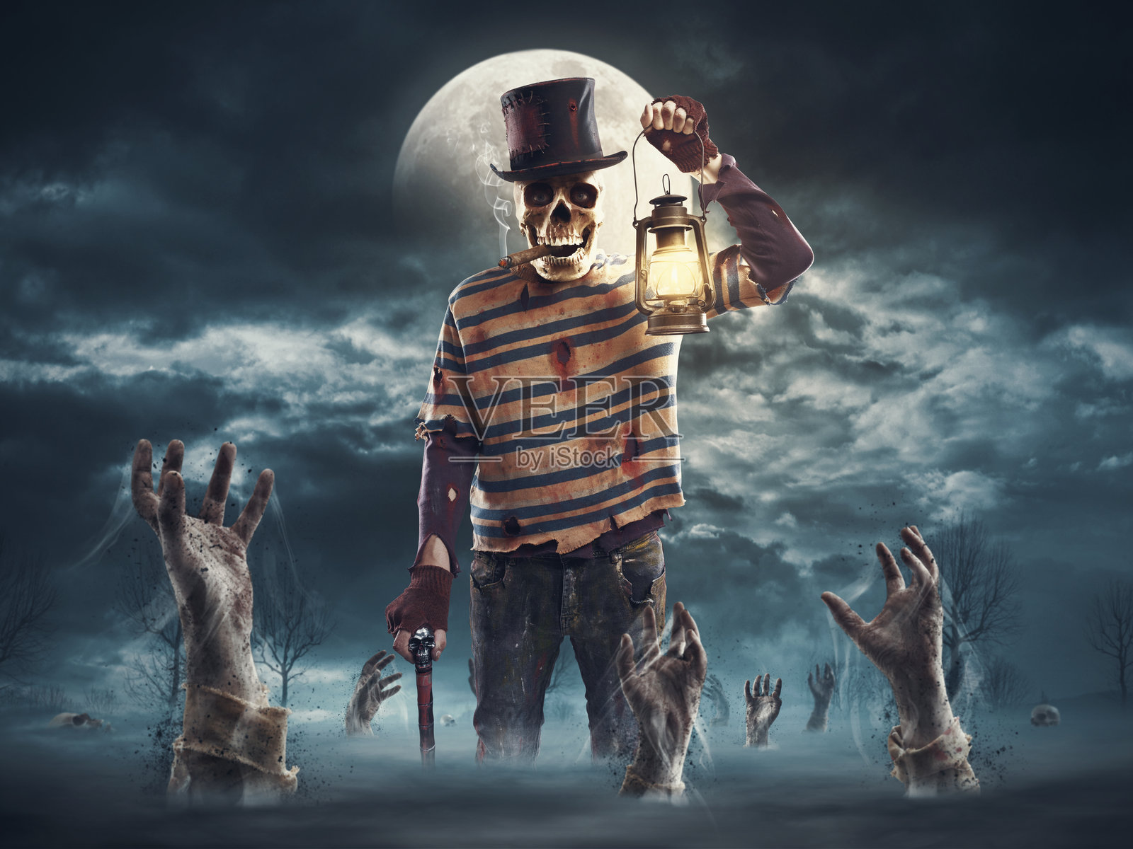 可怕的怪物被僵尸手包围照片摄影图片