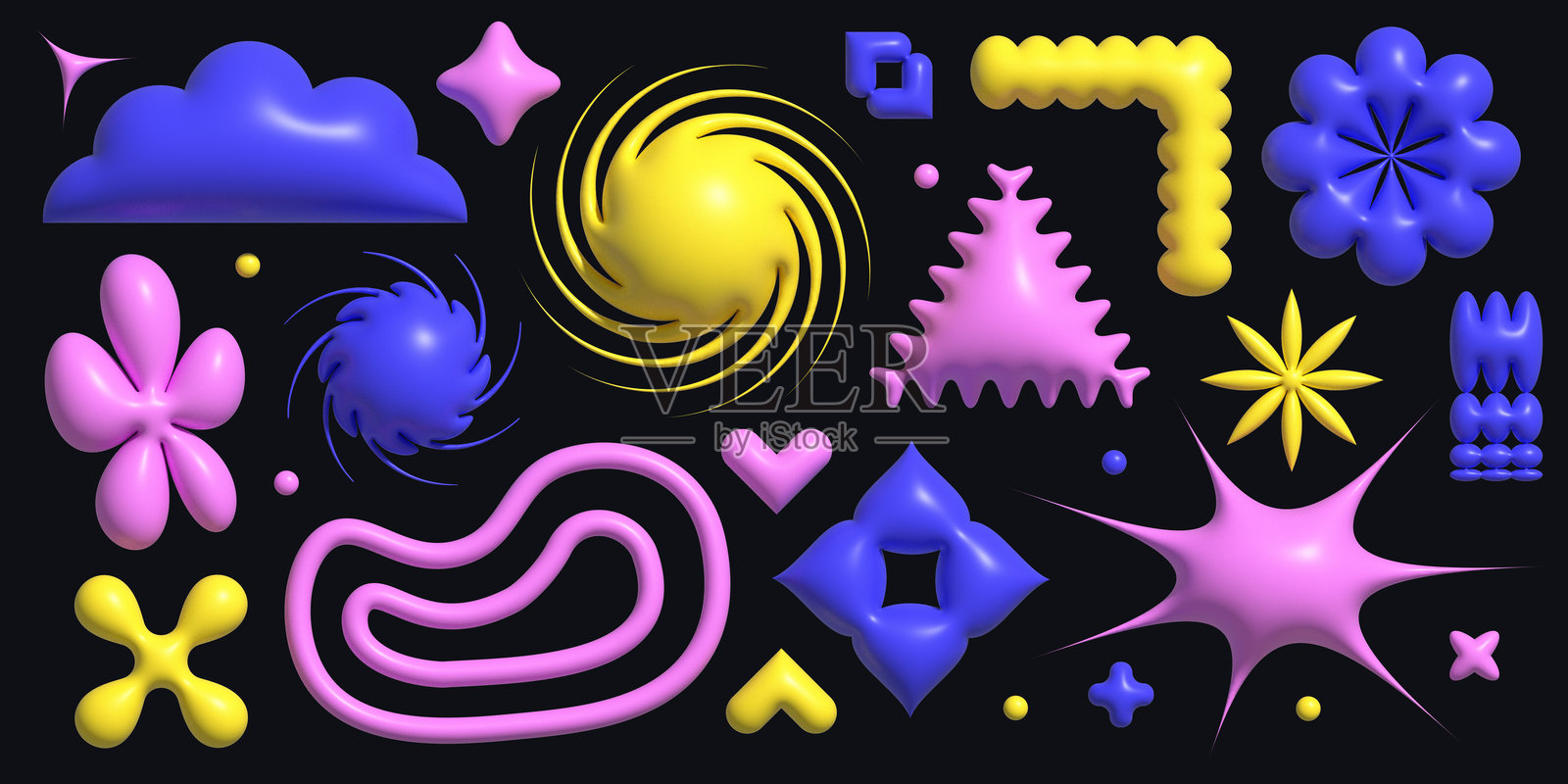 Y2k抽象3d野兽派形状集，时髦的groovy花朵，可爱的极简贴纸套件，星星，波浪形不规则物体，野蛮的几何平面基本形式，丰富多彩的未来主义设计图形，野兽派照片摄影图片