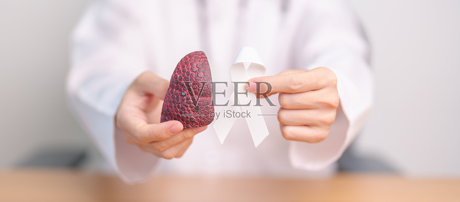 11月肺癌意识月。医院里有吸烟者肺部解剖模型和白色丝带的医生。医疗保健和世界癌症日概念照片摄影图片