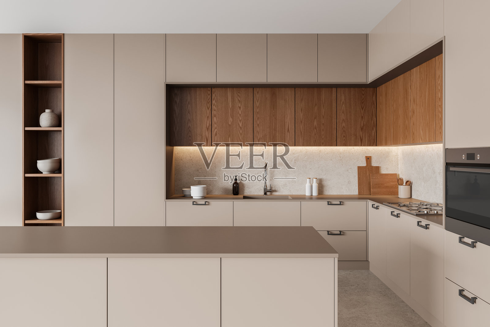 温馨的家居厨房内饰：烹饪柜、吧台和餐具照片摄影图片