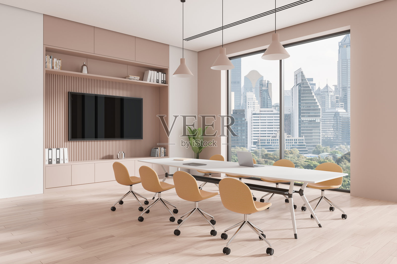 带有桌椅、电视屏幕和全景窗户的舒适会议室内部照片摄影图片