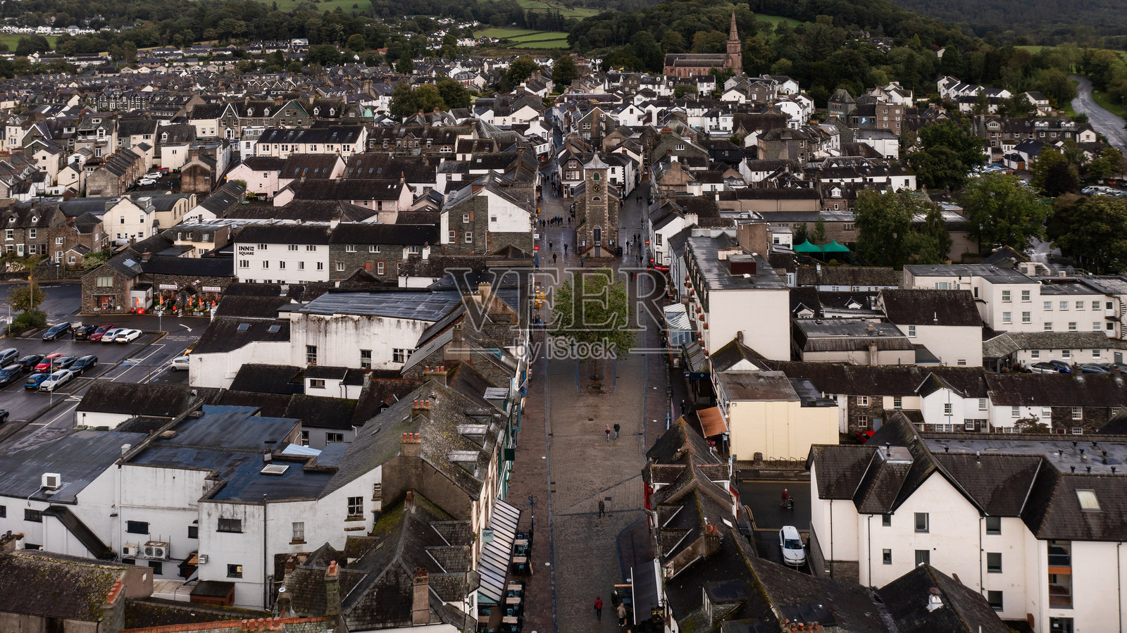 湖区国家公园凯西克市政厅市场广场航拍照片摄影图片