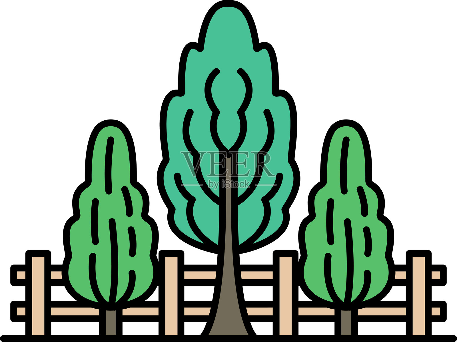 三棵树排成一行，中间有一座木栅栏。插画图片素材