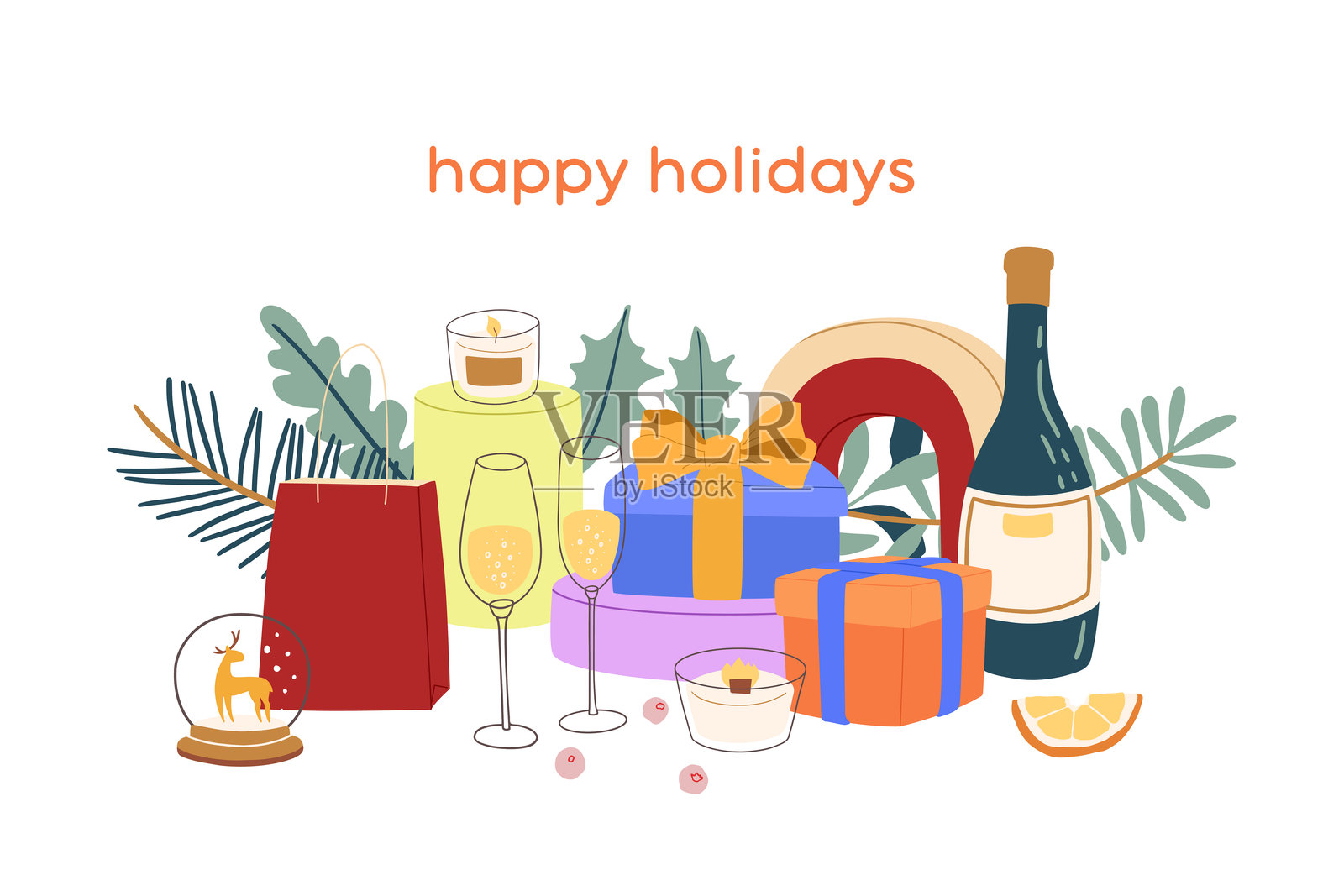 节日圣诞礼物合集，包括包装好的礼物、一瓶葡萄酒、香槟酒杯和季节性装饰品插画图片素材