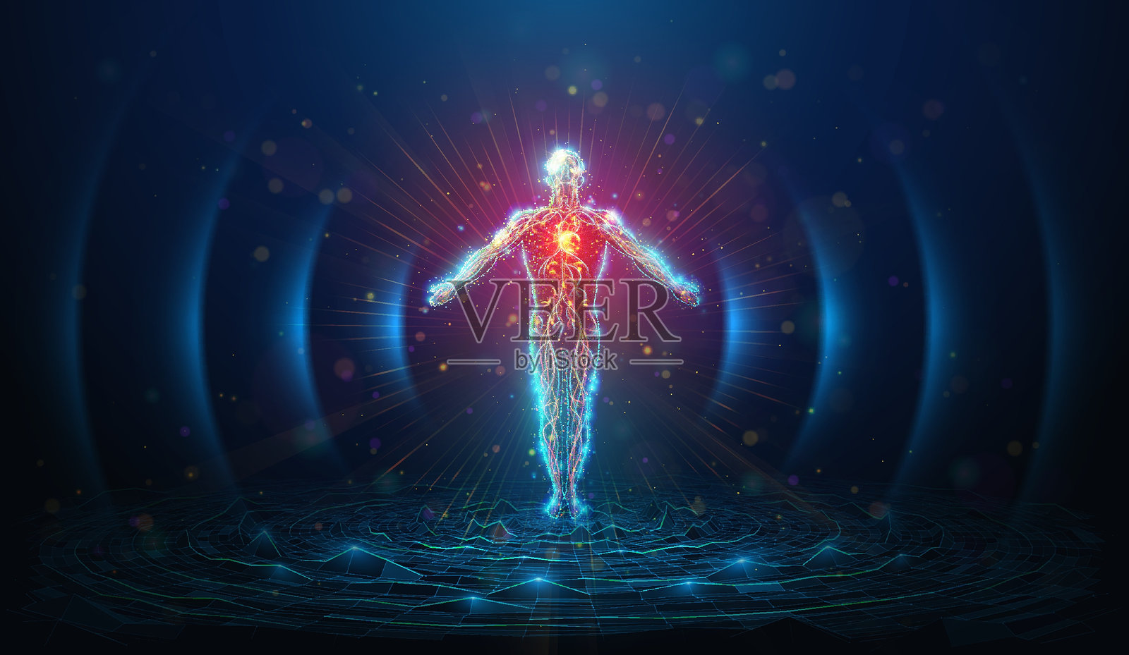 由发光霓虹粒子组成的人体轮廓抽象插图。描绘冥想、瑜伽和医疗保健概念的蓝色几何背景。数字壁纸插画图片素材