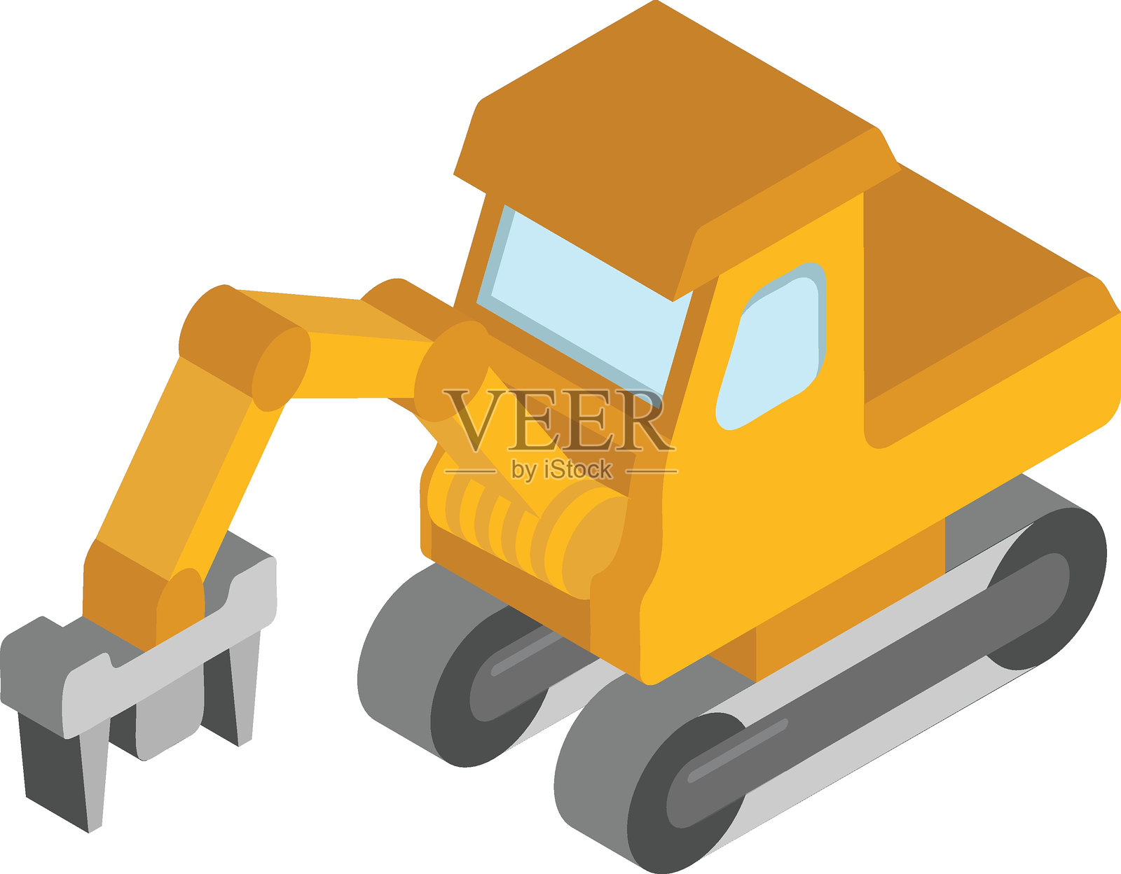 2.5D集材机概念设计：陡峭地形铲斗抓斗矢量图标，木材和木材符号，森林砍伐产品标志，工厂和锯木厂插图插画图片素材