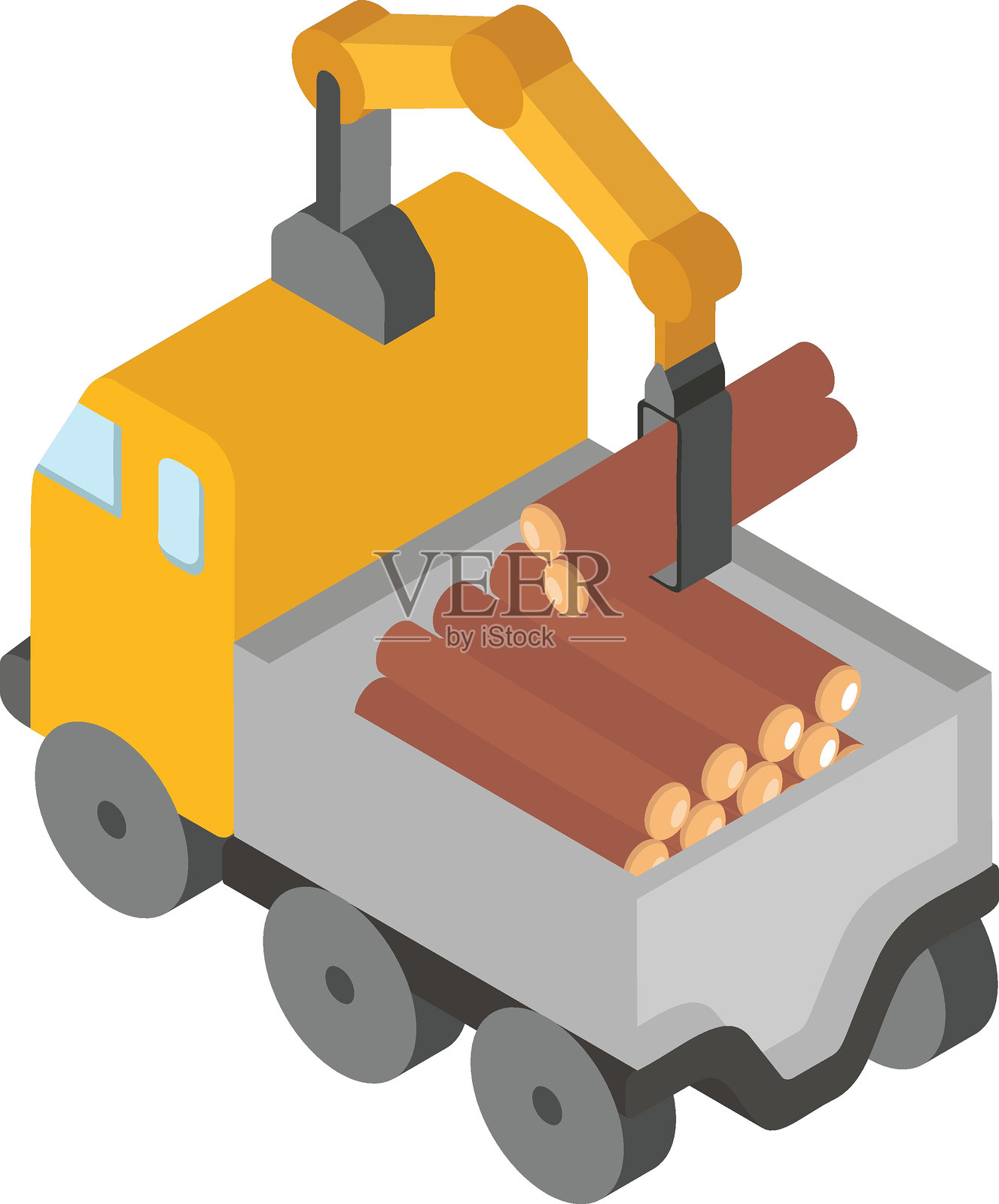 搬运原木的货运卡车2.5D概念：木材运输矢量图标，森林砍伐产品插画图片素材