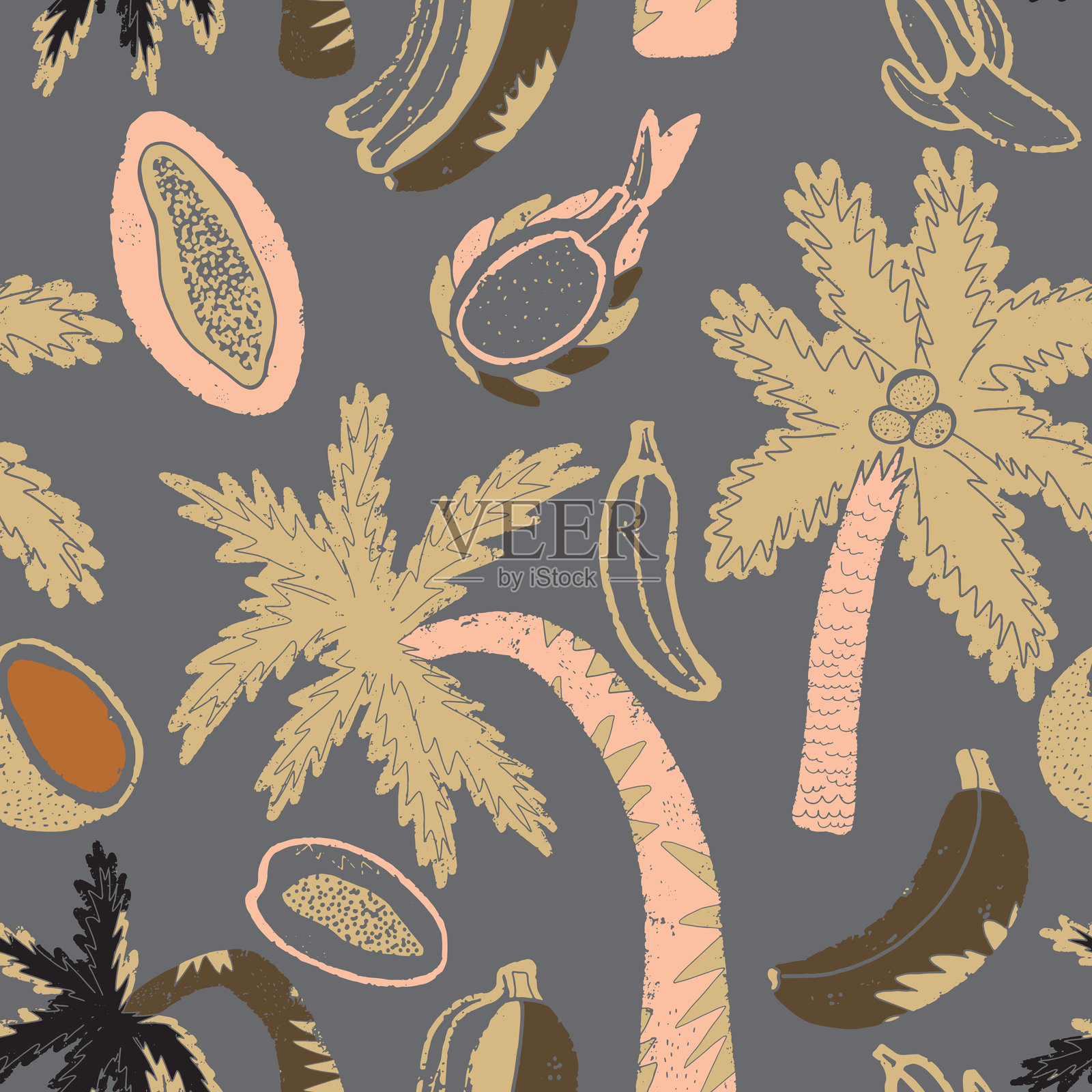 棕榈树和异国热带水果的纹理风格化无缝图案向量插画图片素材