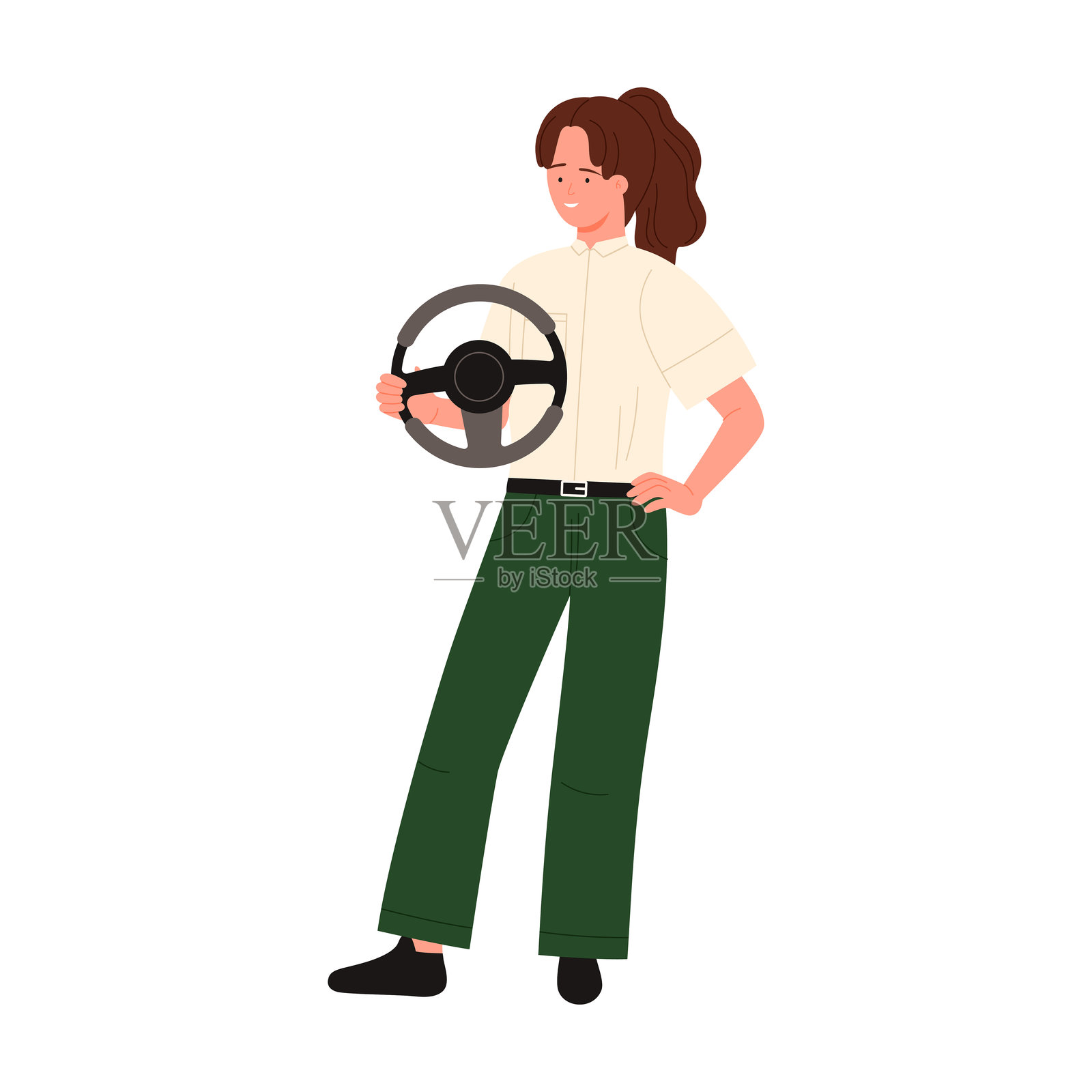 女人手握汽车方向盘，汽车驾驶员站立插画图片素材