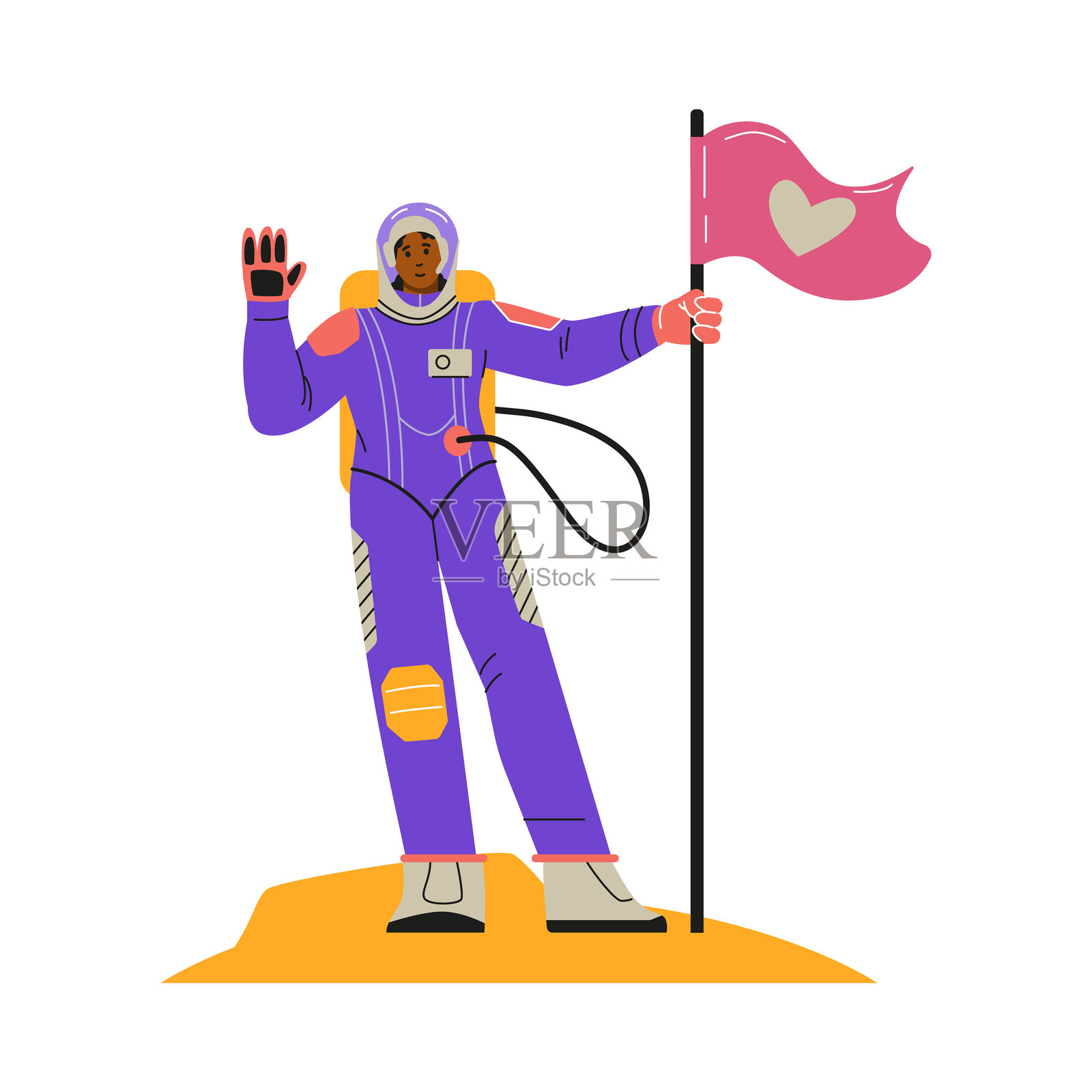 女性宇航员自豪地站在一颗行星上，手持一面旗帜的矢量插图。插画图片素材