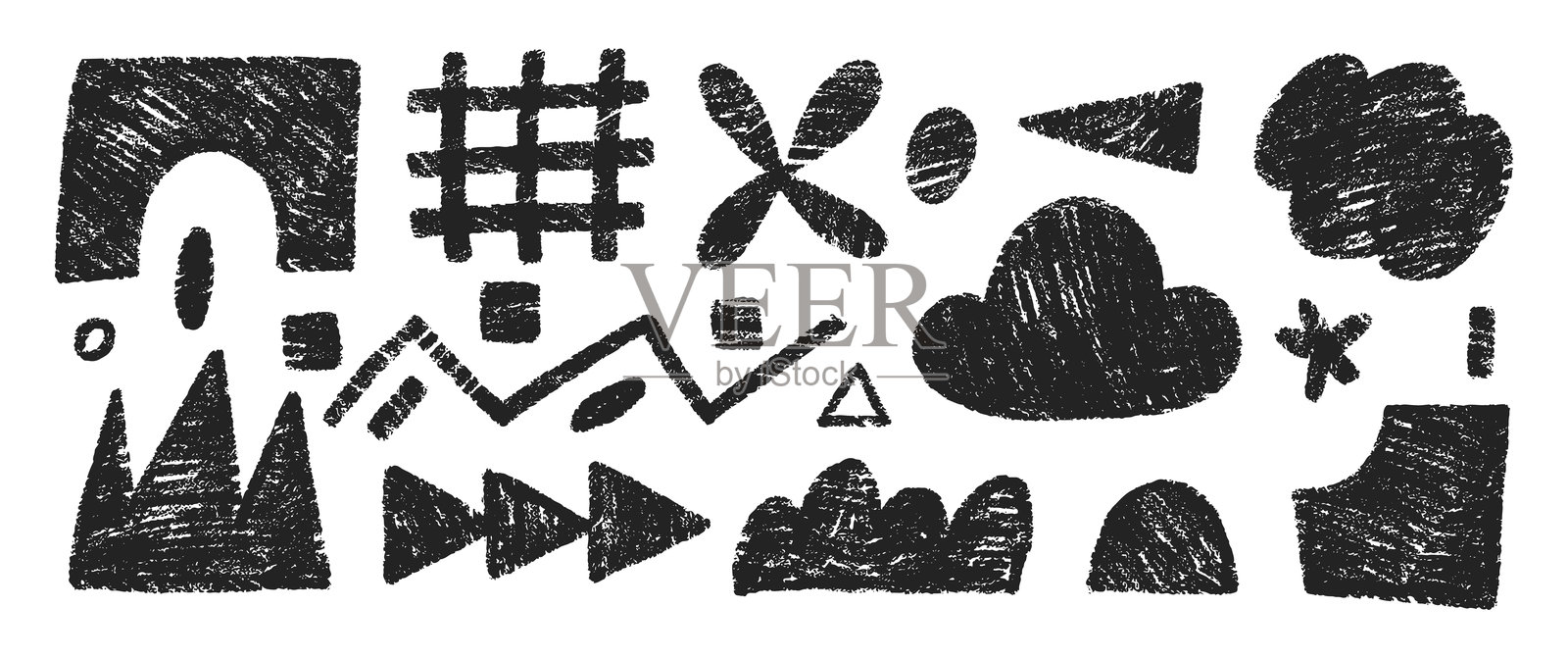 手绘铅笔涂鸦，弯曲线条和潦草笔迹，具有蜡笔或粉笔纹理的抽象时髦形状，儿童矢量图插画图片素材