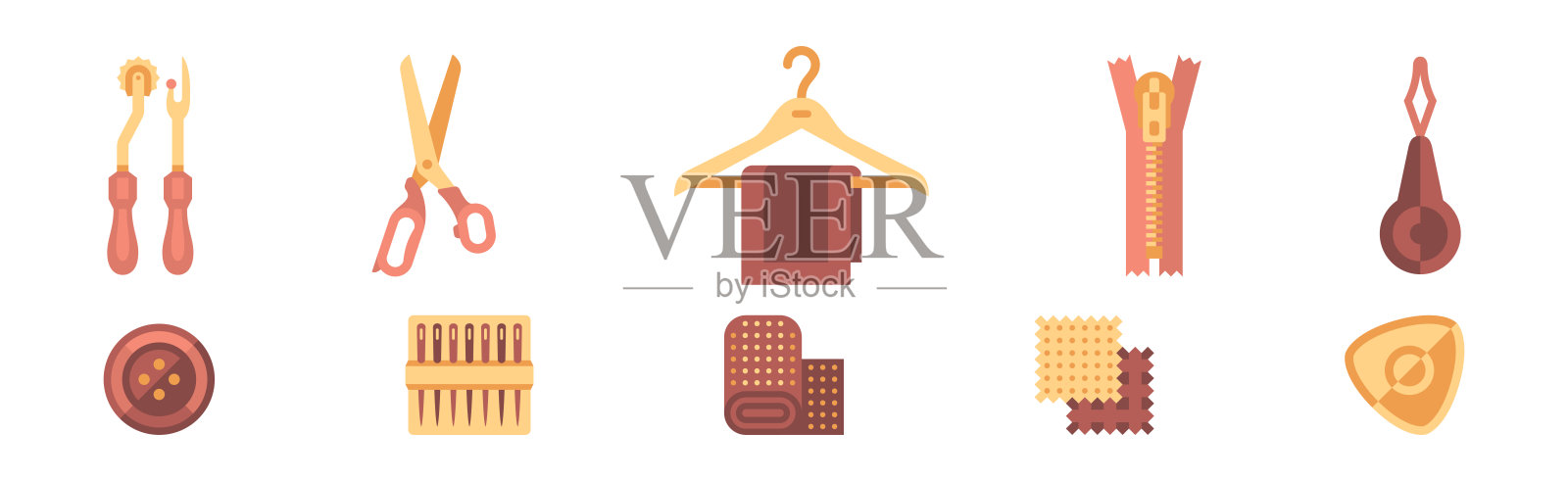 缝纫工具和设备矢量套件，包括拆线器、拉链和剪刀插画图片素材