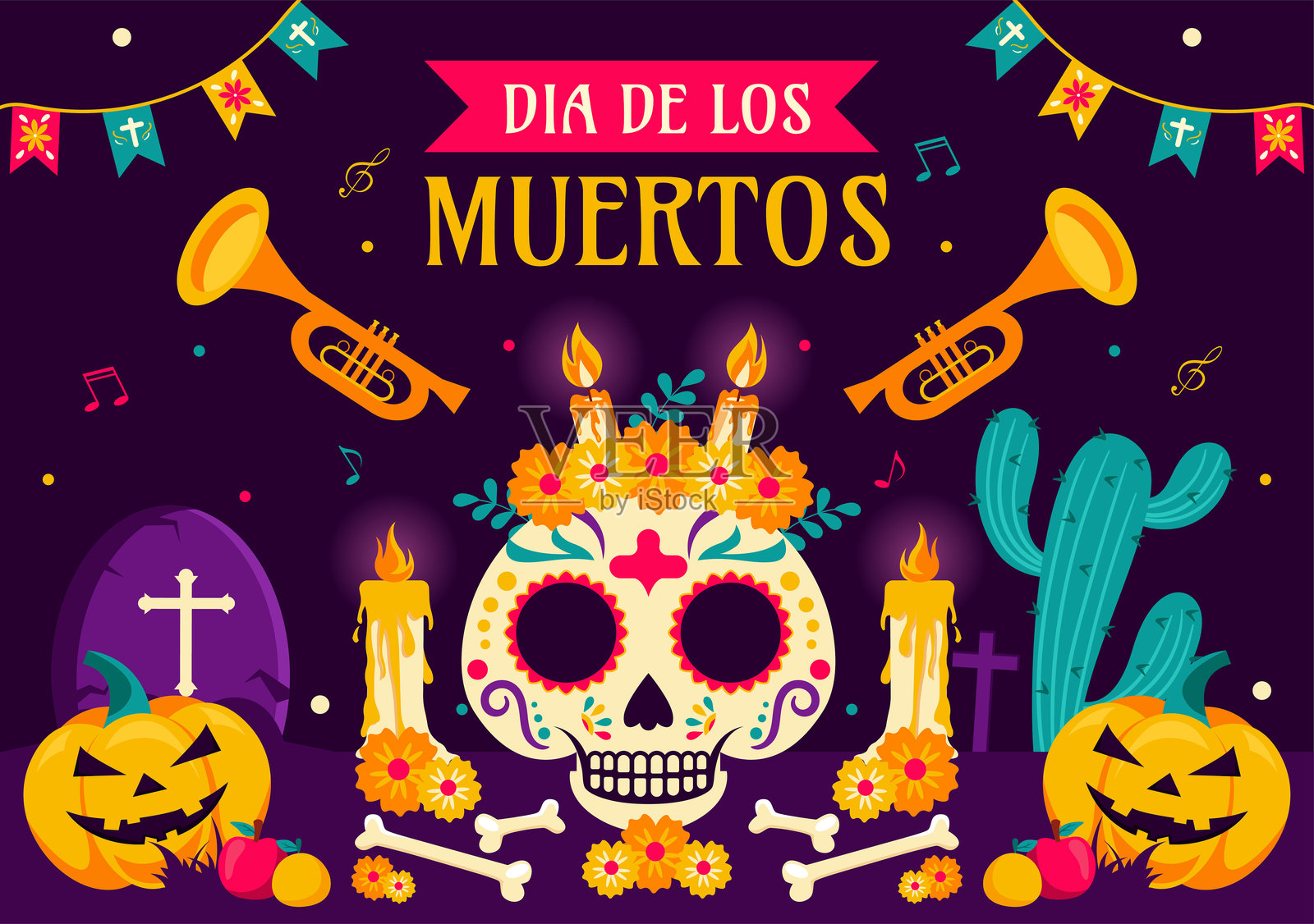 亡灵节：骷髅演奏音乐和墨西哥传统服饰插画图片素材