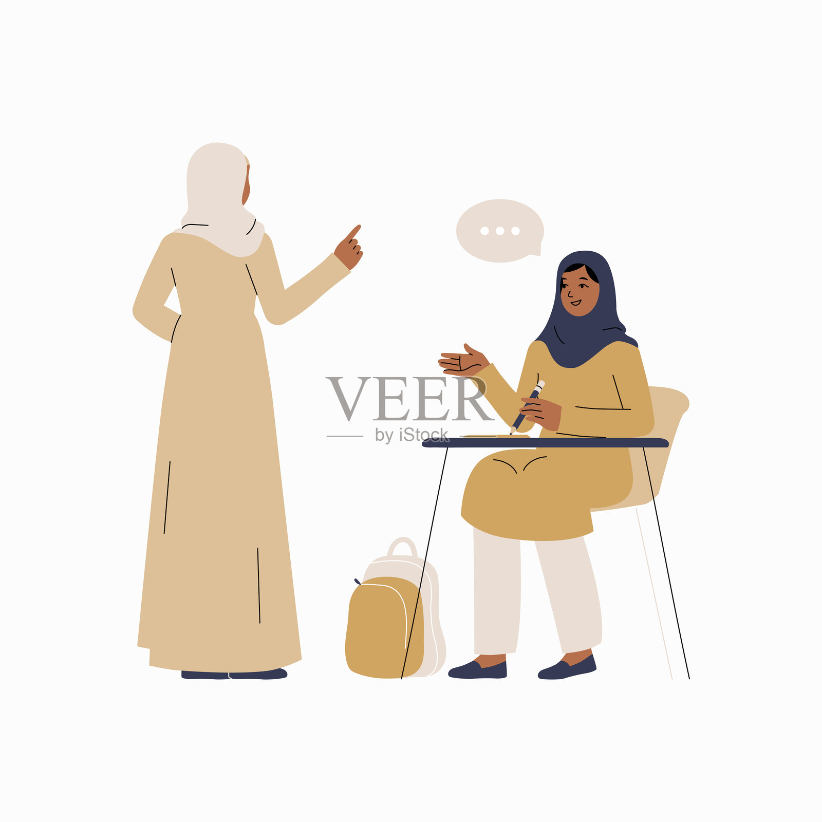 两名女子在课堂环境中互动，扁平矢量插图，象征教育、教学和交流，隔离在白色背景上插画图片素材
