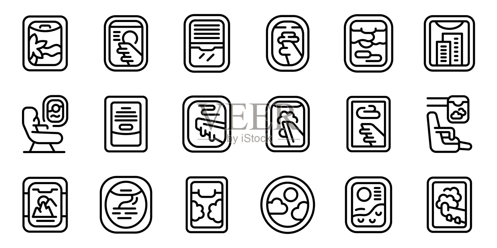 飞机窗户图标集轮廓矢量。飞机飞行插画图片素材