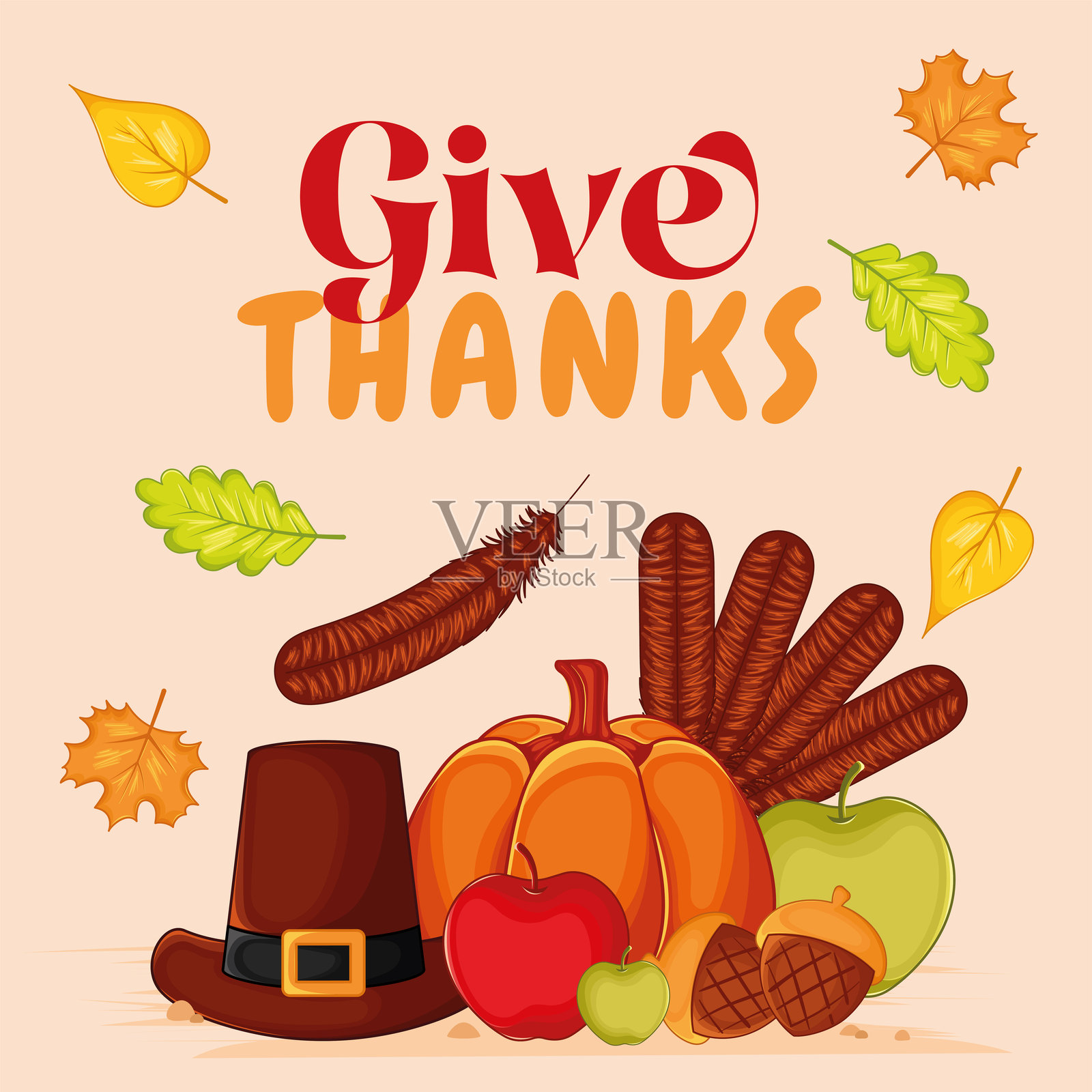 感恩节的火鸡、南瓜和朝圣者帽，矢量图插画图片素材