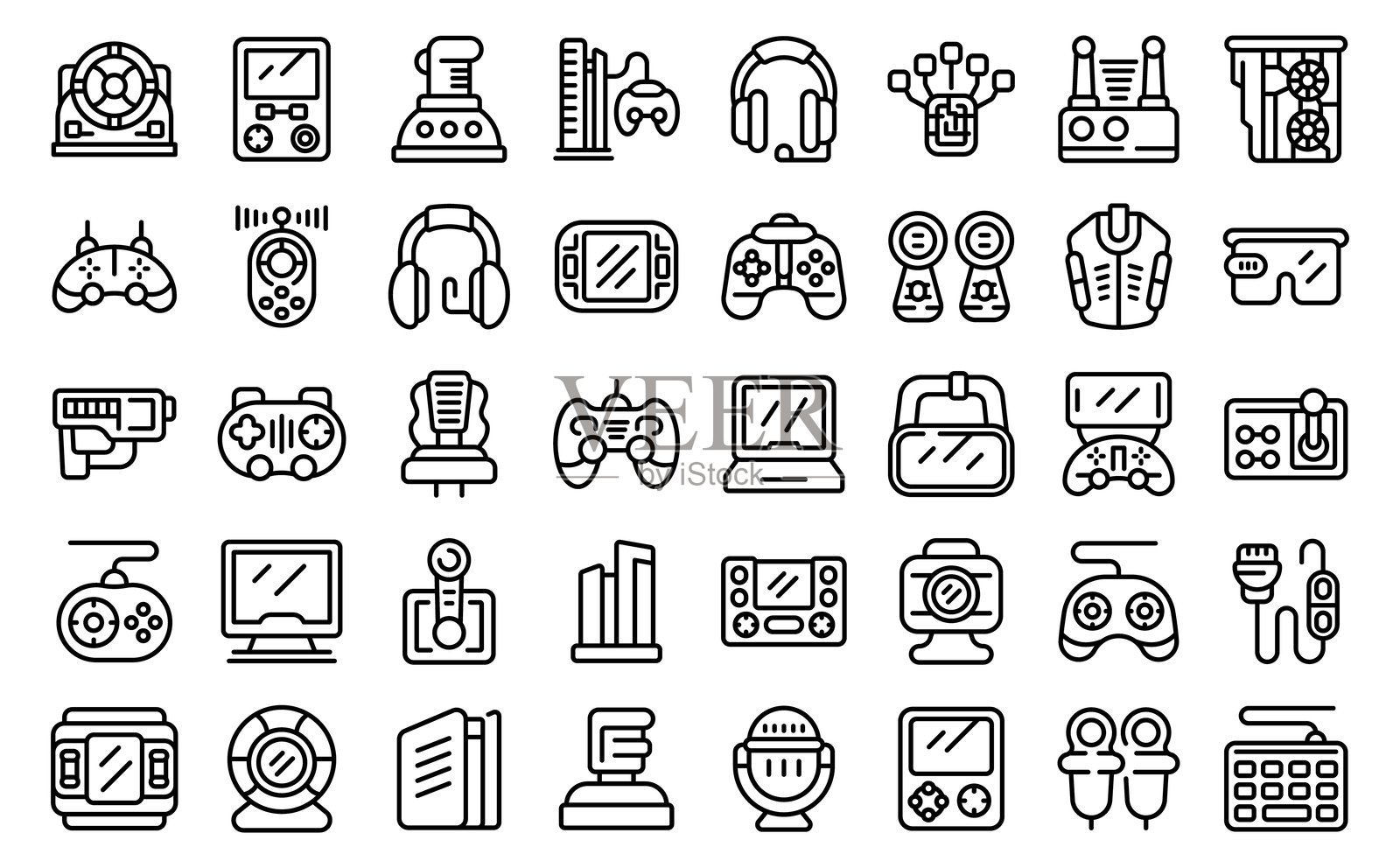 游戏配件图标集轮廓矢量图。视频游戏控制器插画图片素材