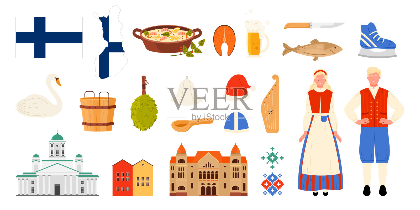 芬兰之旅，文化元素，芬兰人民与遗产地标组合插画图片素材