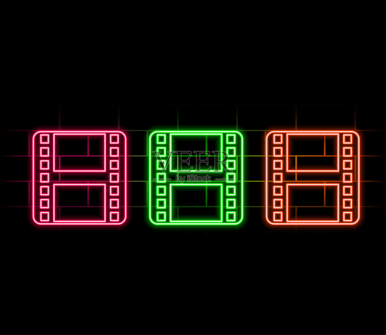 砖墙背景上的霓虹灯电影场记板图标，电影制作或媒体行业概念矢量图插画图片素材