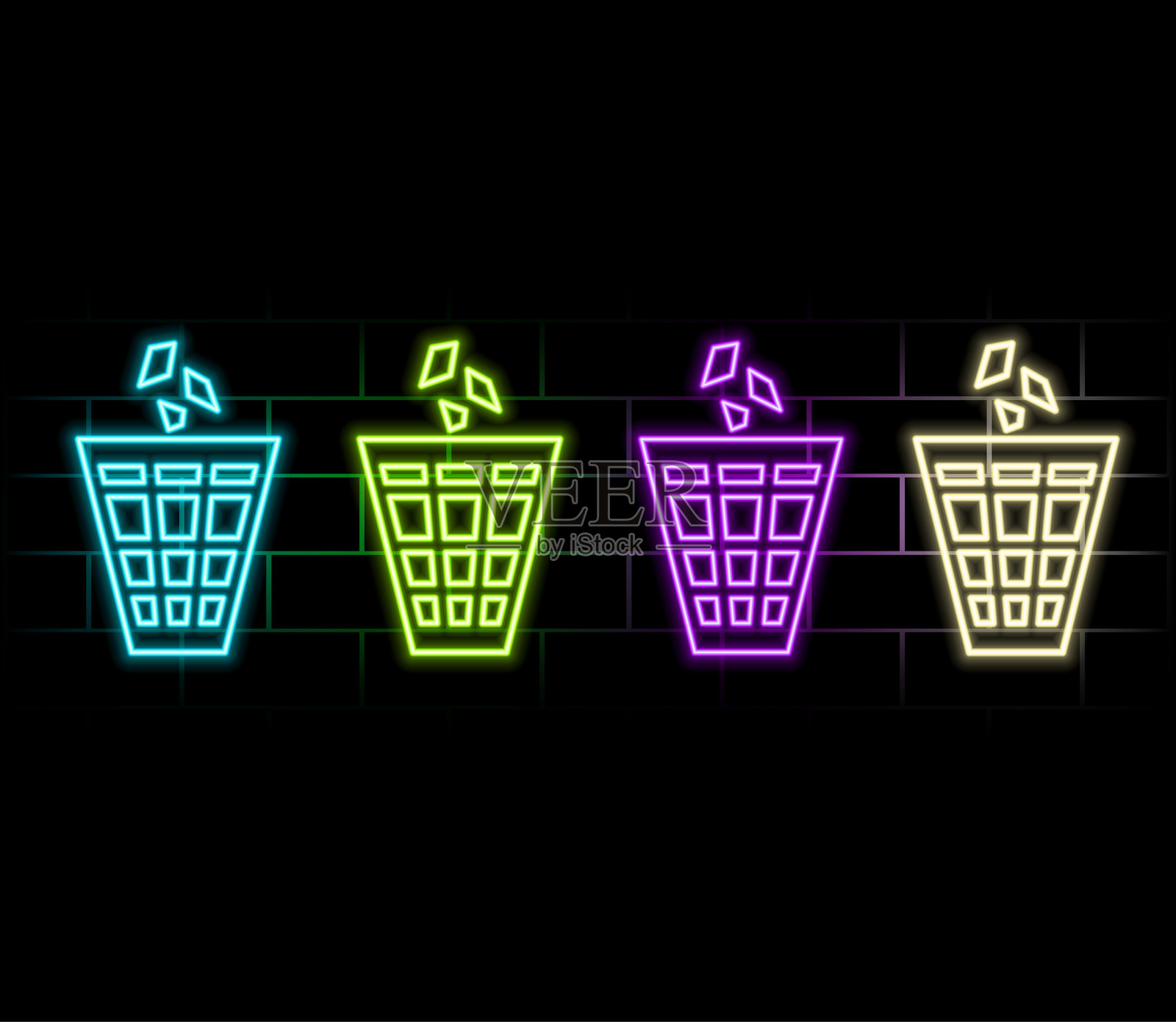 蓝色背景上的发光霓虹回收箱图标矢量图插画图片素材