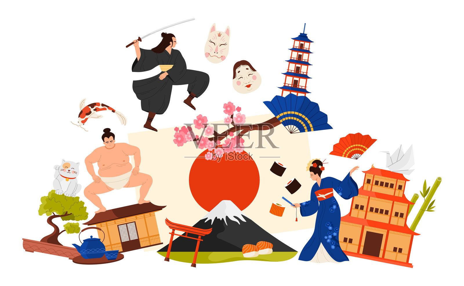 前往日本，包含日本文化元素和著名建筑的图表拼贴画插画图片素材