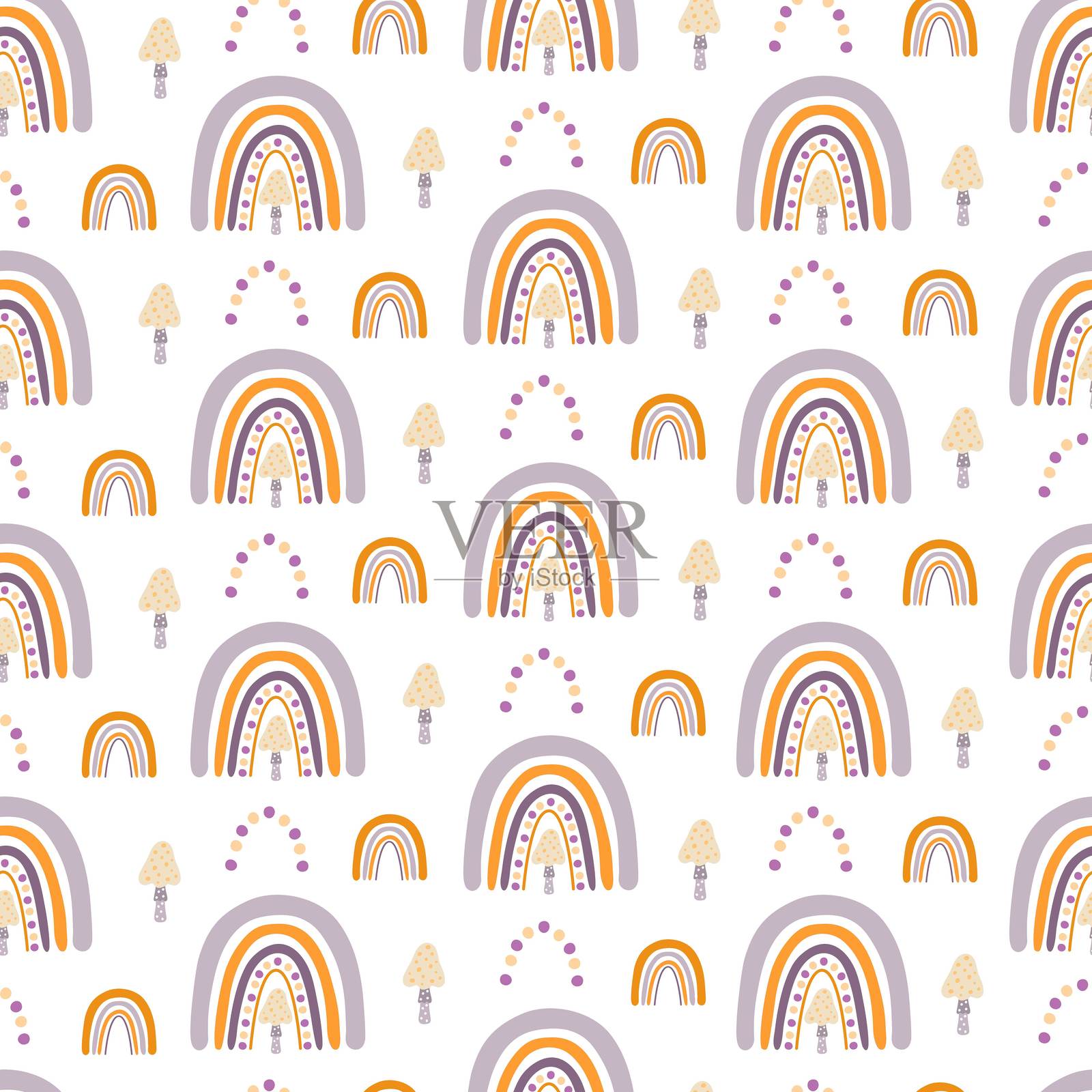 万圣节彩虹无缝图案，简单手绘的重复插图，时尚的柔和色彩，极简概念，完美适用于纺织品、庆祝装饰、卡片、礼品纸和纸艺。插画图片素材