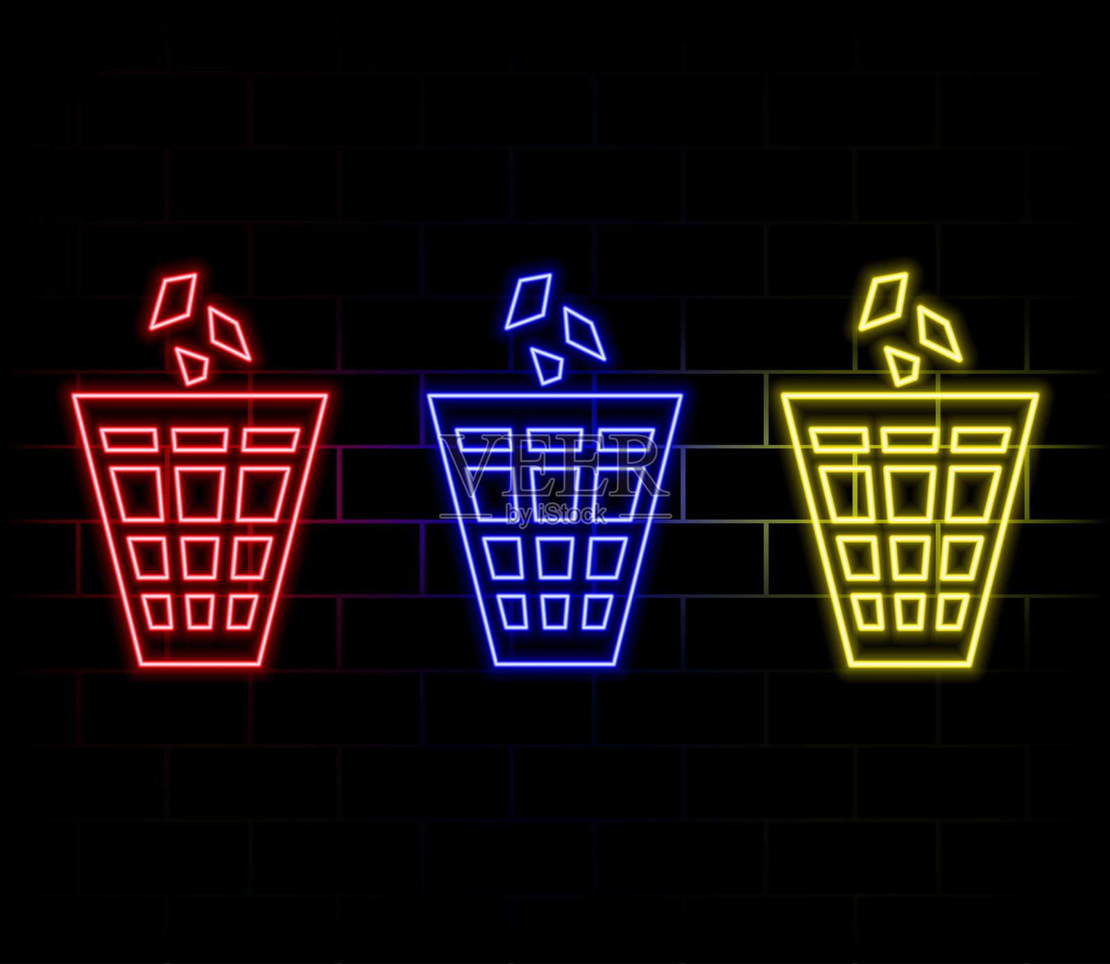 霓虹灯回收垃圾桶图标，带回收标志，蓝色背景矢量图插画图片素材