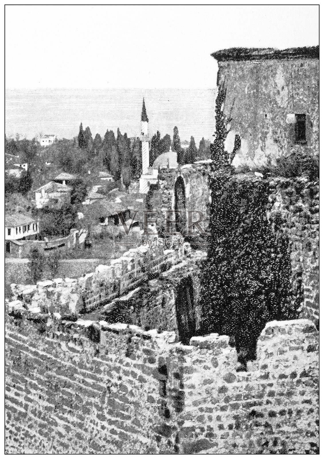 古老的图像：特拉布宗（特雷比松），科门尼斯城堡，遗址插画图片素材