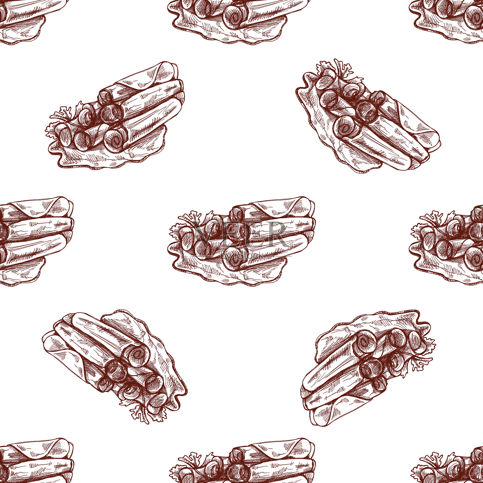 手绘的无缝培根、火腿或猪肉片图案，意大利风干火腿的复古素描。肉店。非常适合标签和餐厅菜单。雕刻图像。插画图片素材