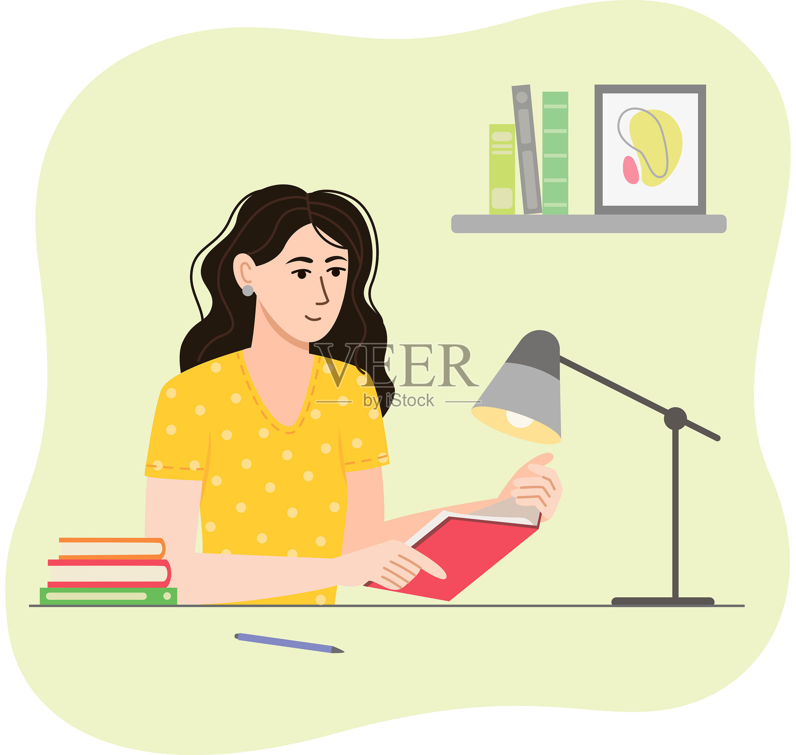 年轻女性坐在灯旁，手中拿着一本书。插画图片素材