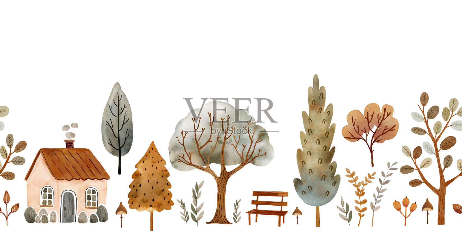 无缝边框，包含舒适的房屋、明亮的树木和自然元素，水彩插图。插画图片素材