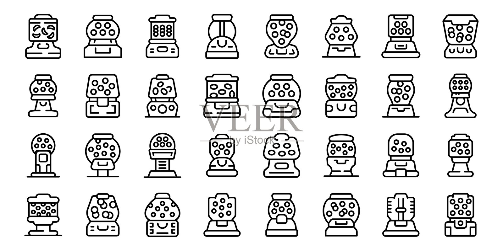 泡泡糖机图标集轮廓矢量图。糖果口香糖插画图片素材