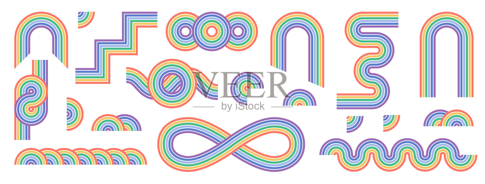 彩色禅弧形套装，简单的彩虹线弧和形状。几何日本禅风格的极简元素。插画图片素材