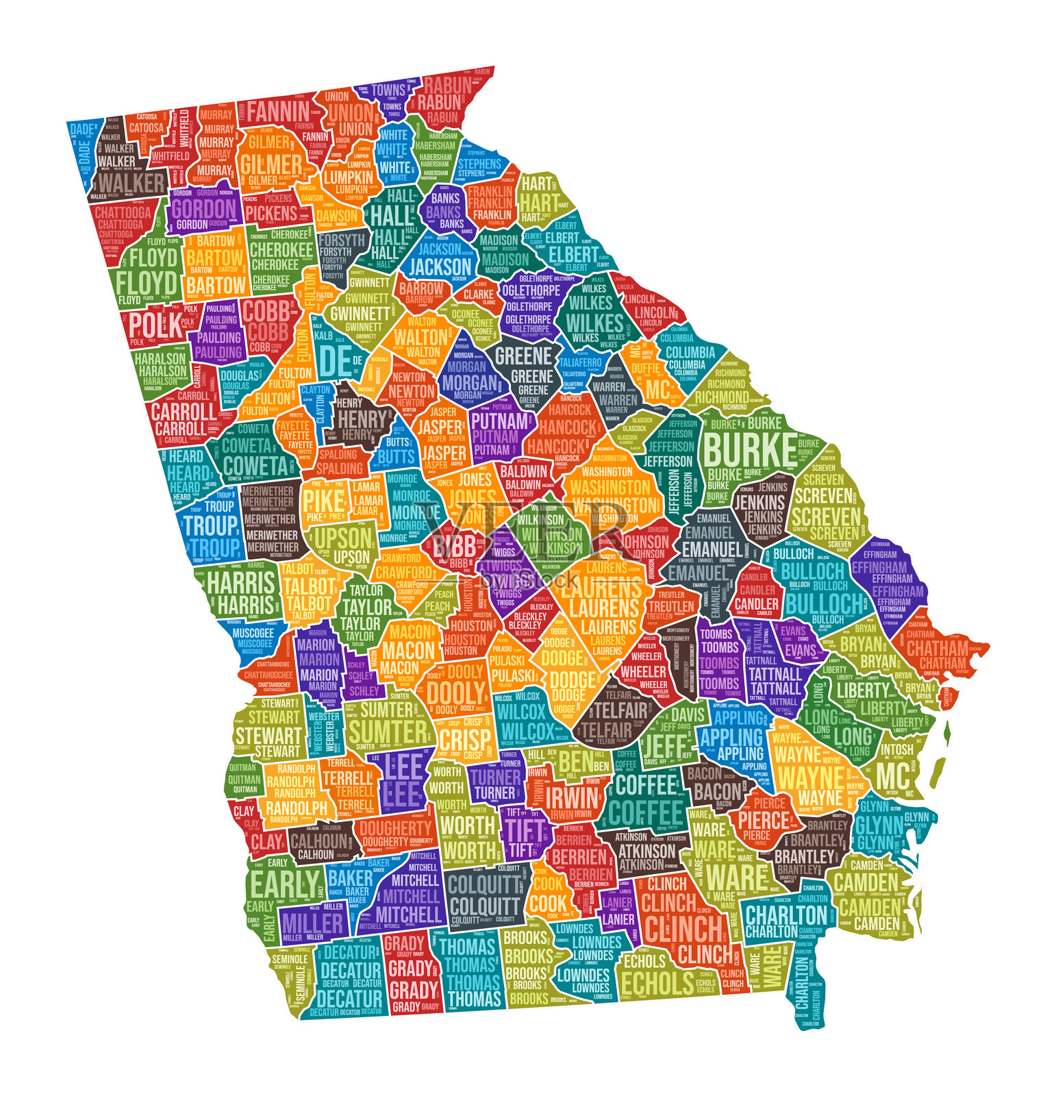乔治亚州形状。带有县划分的州词云。乔治亚州彩色插图。县名云。矢量插图。插画图片素材