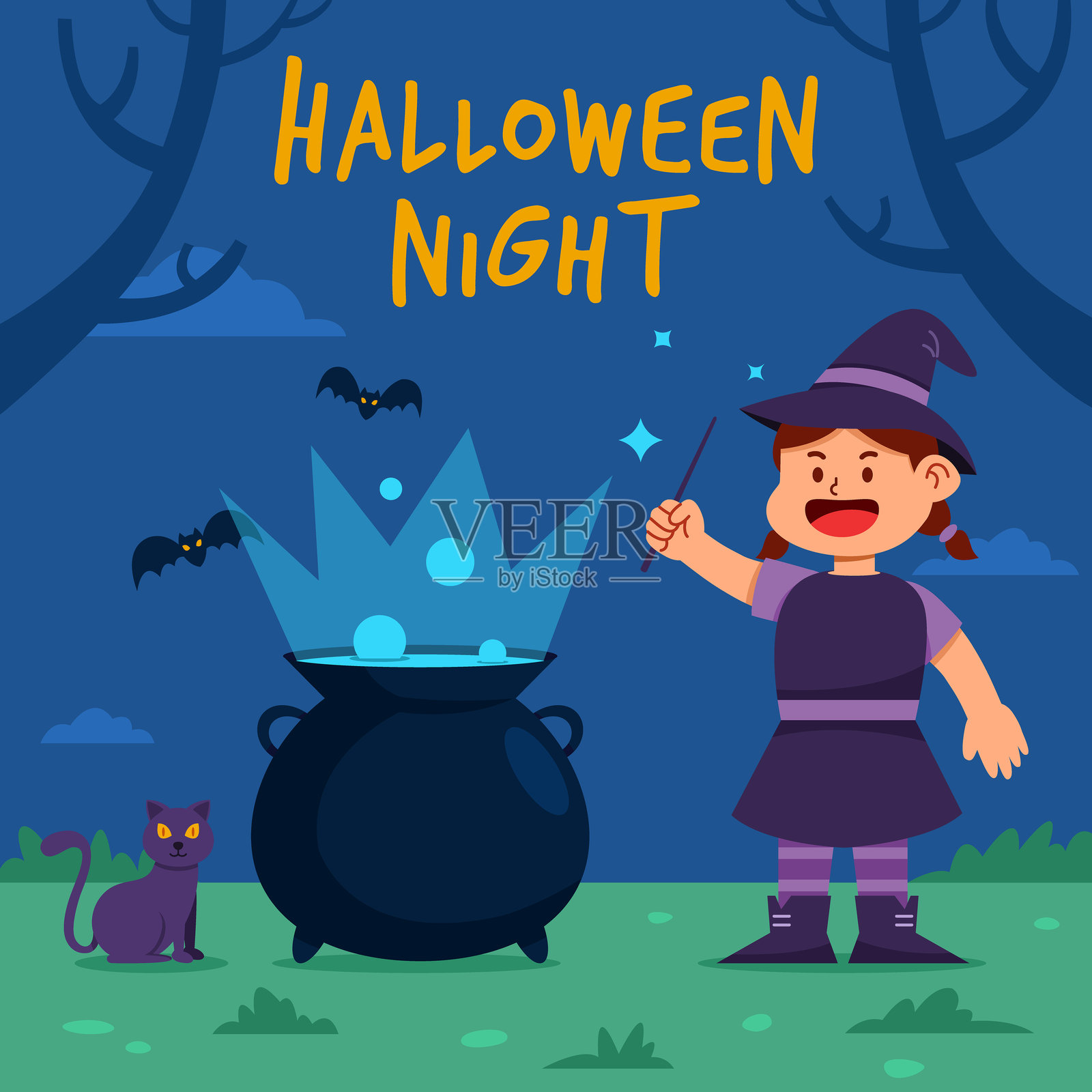 女巫女孩在调制魔法药水插画图片素材