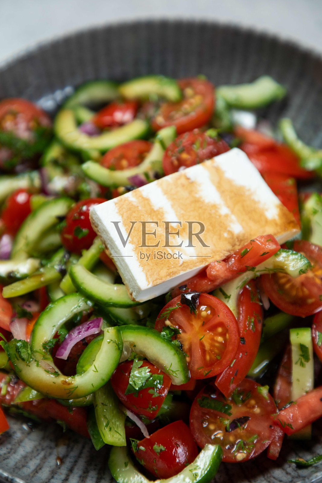 烤哈罗米奶酪放在新鲜番茄和黄瓜沙拉上照片摄影图片