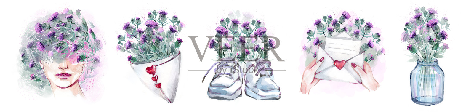 一组插图，展示了白色背景上的野花和蓟。粉色野花的花束，水彩画。插画图片素材
