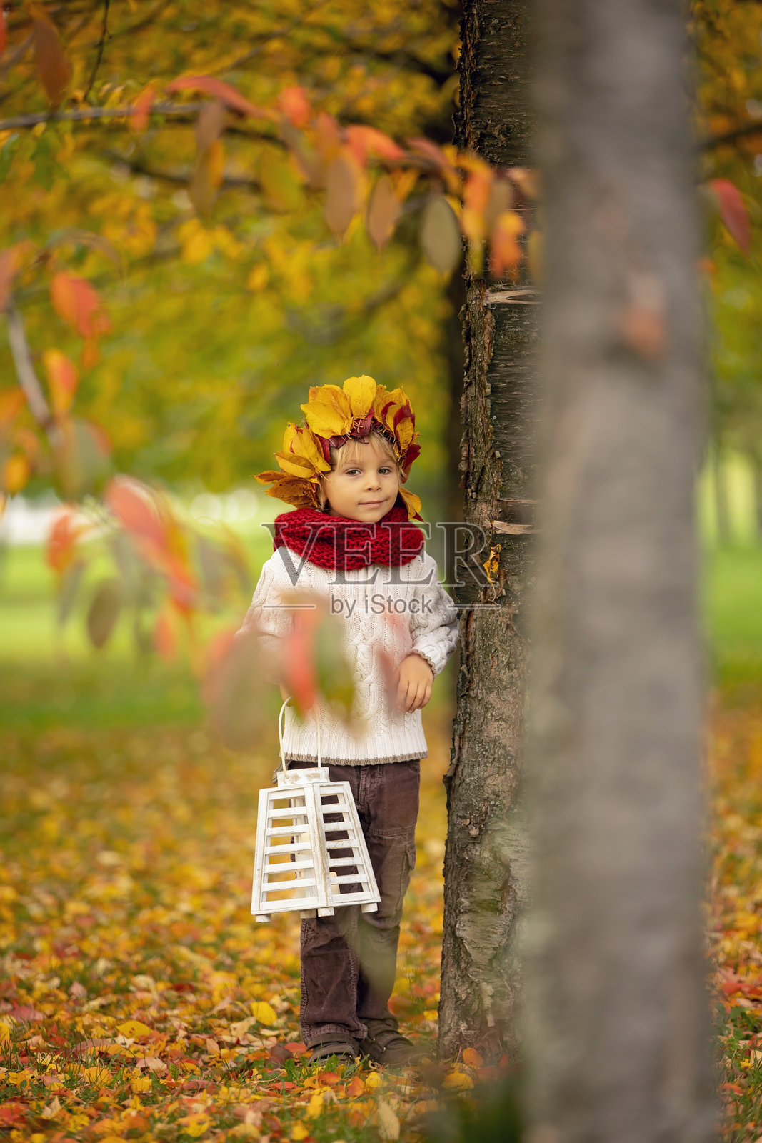 可爱的金发小男孩在秋天的公园里戴着树叶做的王冠照片摄影图片