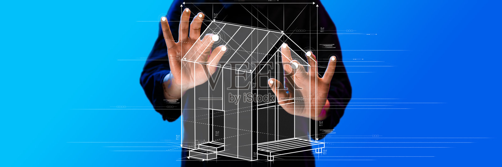 与全息建筑蓝图互动的手，象征着现代房地产开发的潜力和技术的力量。当代艺术拼贴。照片摄影图片